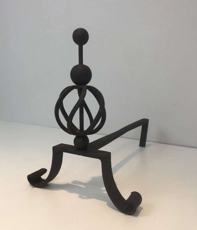 In The Style Of Jean Royère. Pair Of Wrought Iron Andirons. French. Circa 1940 photo 950.0