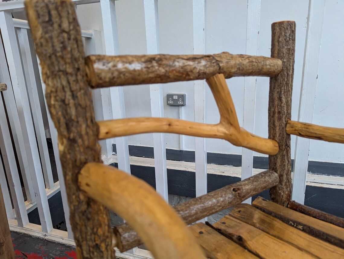 1980s Hand Crafted American Stick Chair And Table Set. photo vinterior
