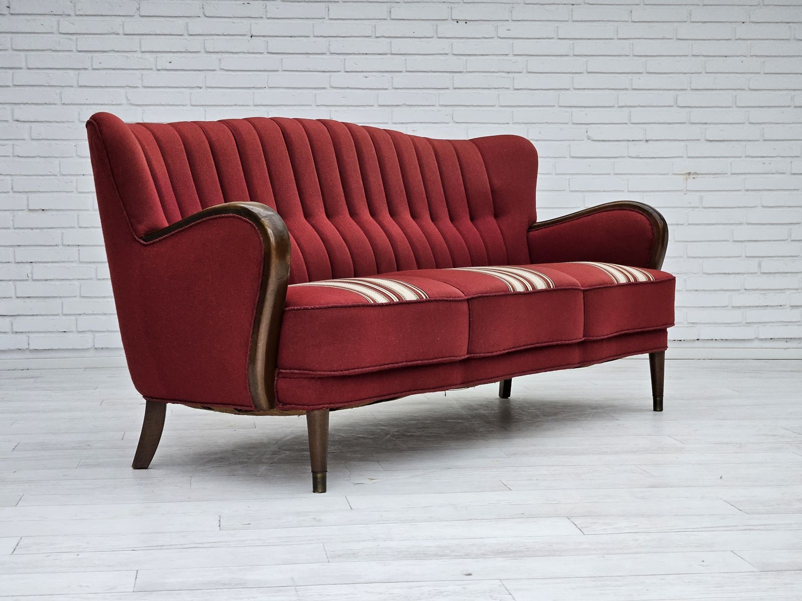 1960s, Danish 3 Seater Sofa By Alfred Christensen, Red Furniture Wool, Original Condition. photo furniture