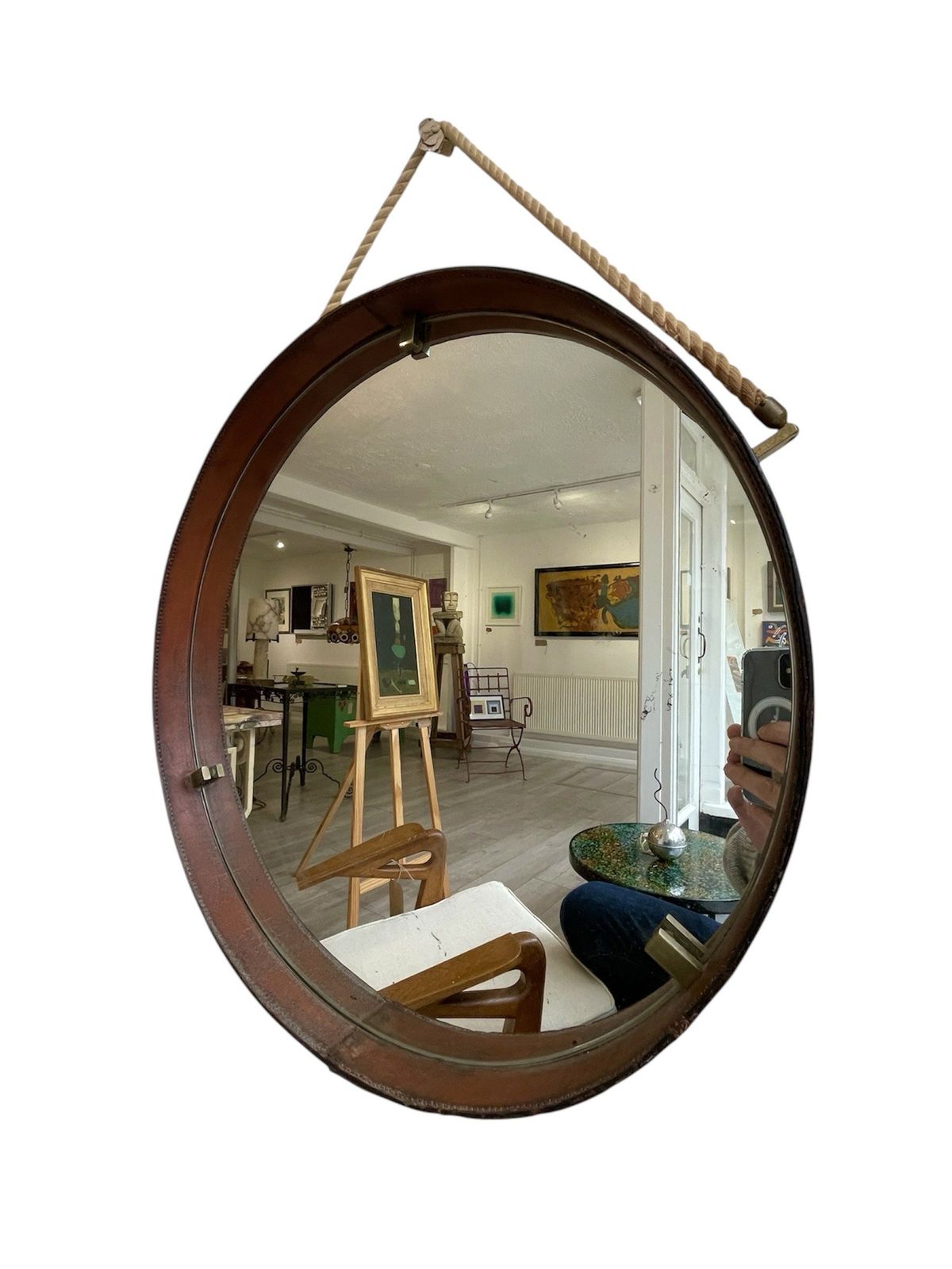 A Pair Of Circular Cognac Coloured Leather 1950s Italian Mirrors photo vinterior