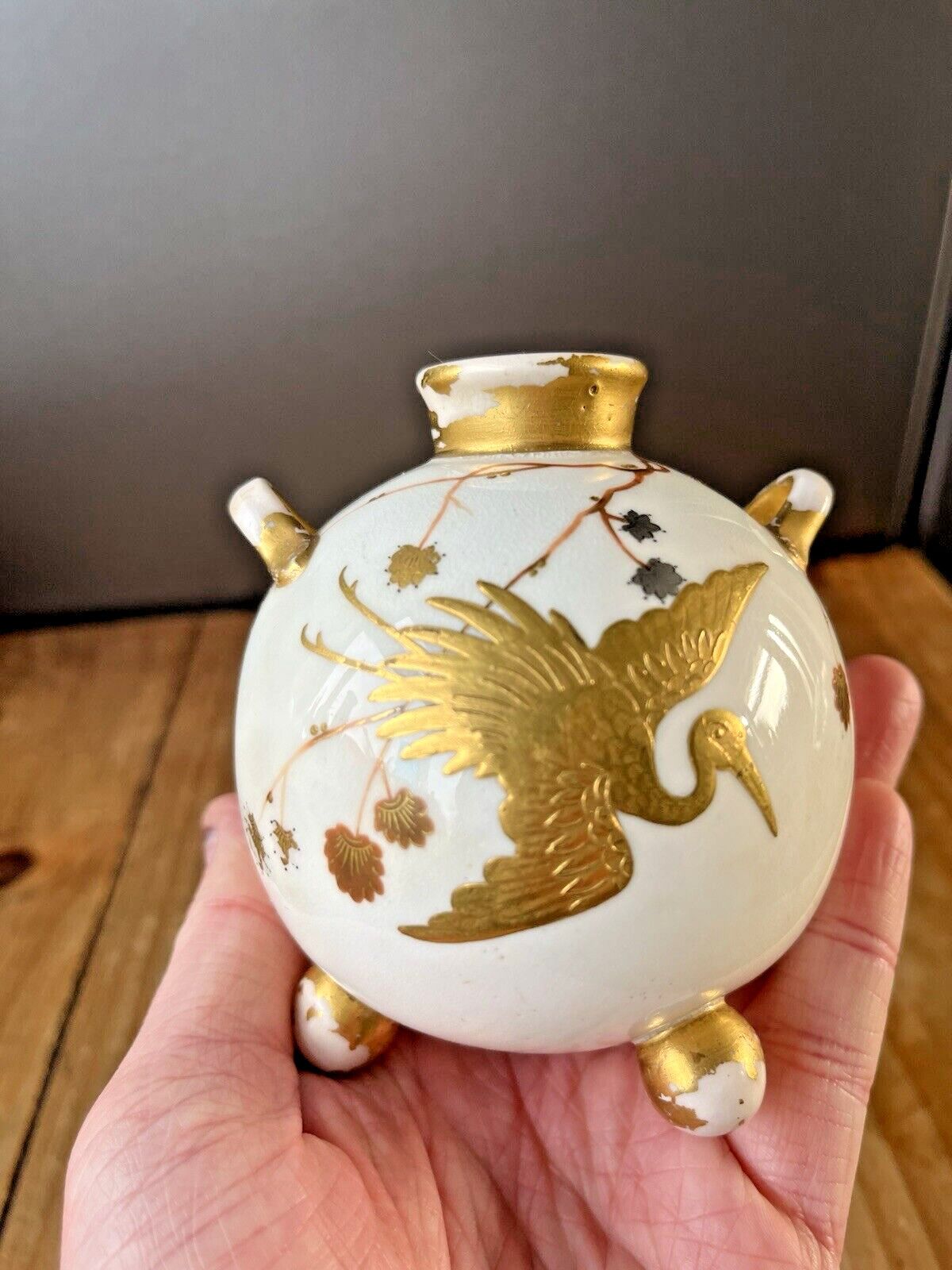 Antique 1875 Royal Worcester Aesthetic Movement Heron Butterfly Bulbous Bud Vase photo vintage