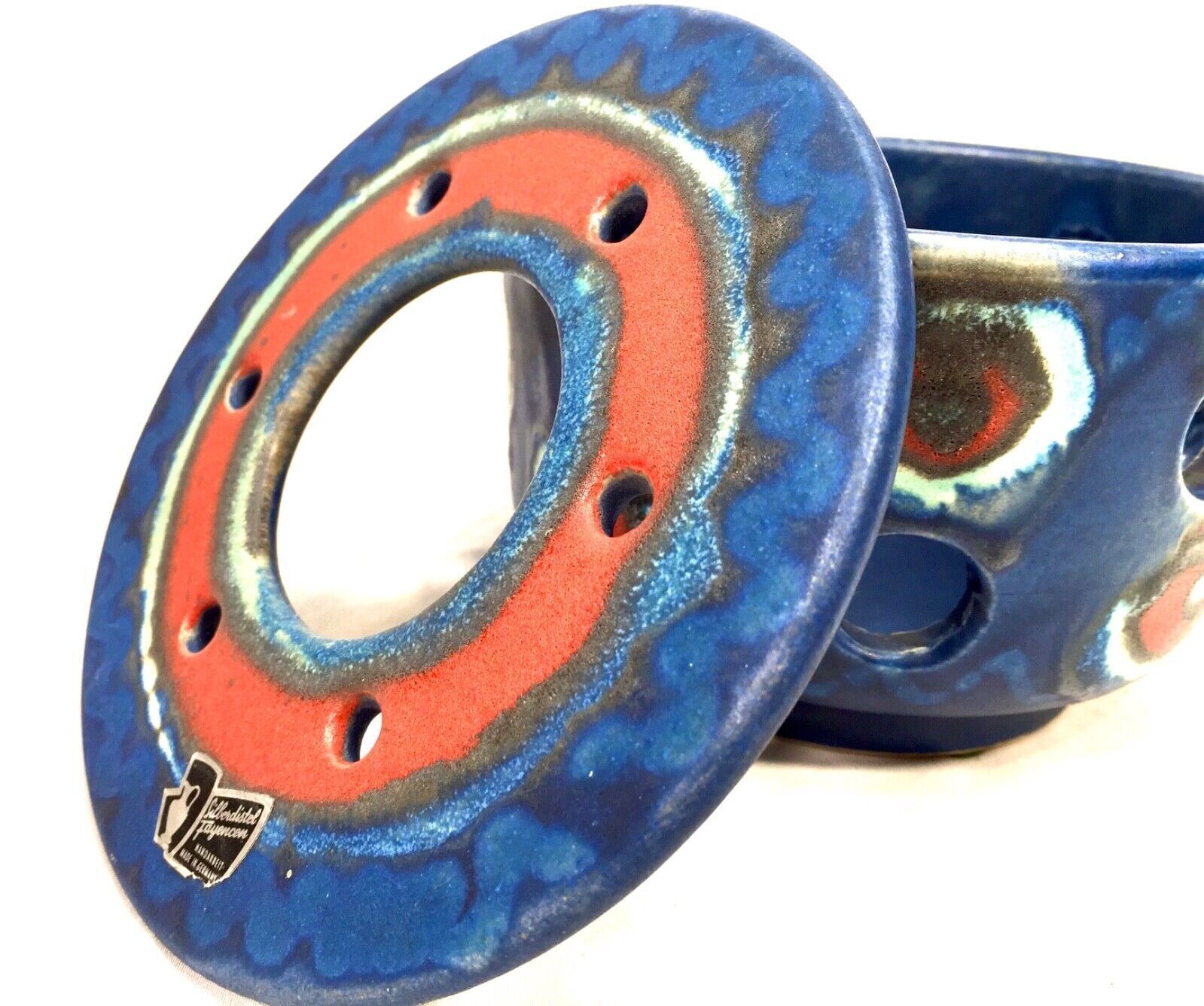 Vintage West German Pottery Potpourri Vase / Holder / Retro 1970s Blur & Red photo Home Decor