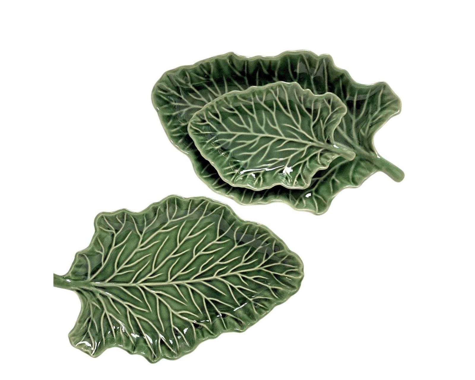 Majolica Groen Geglazuurde Borden | Vintage Aardewerken Koolbladborden | 9 Stuks photo Woonaccessoires