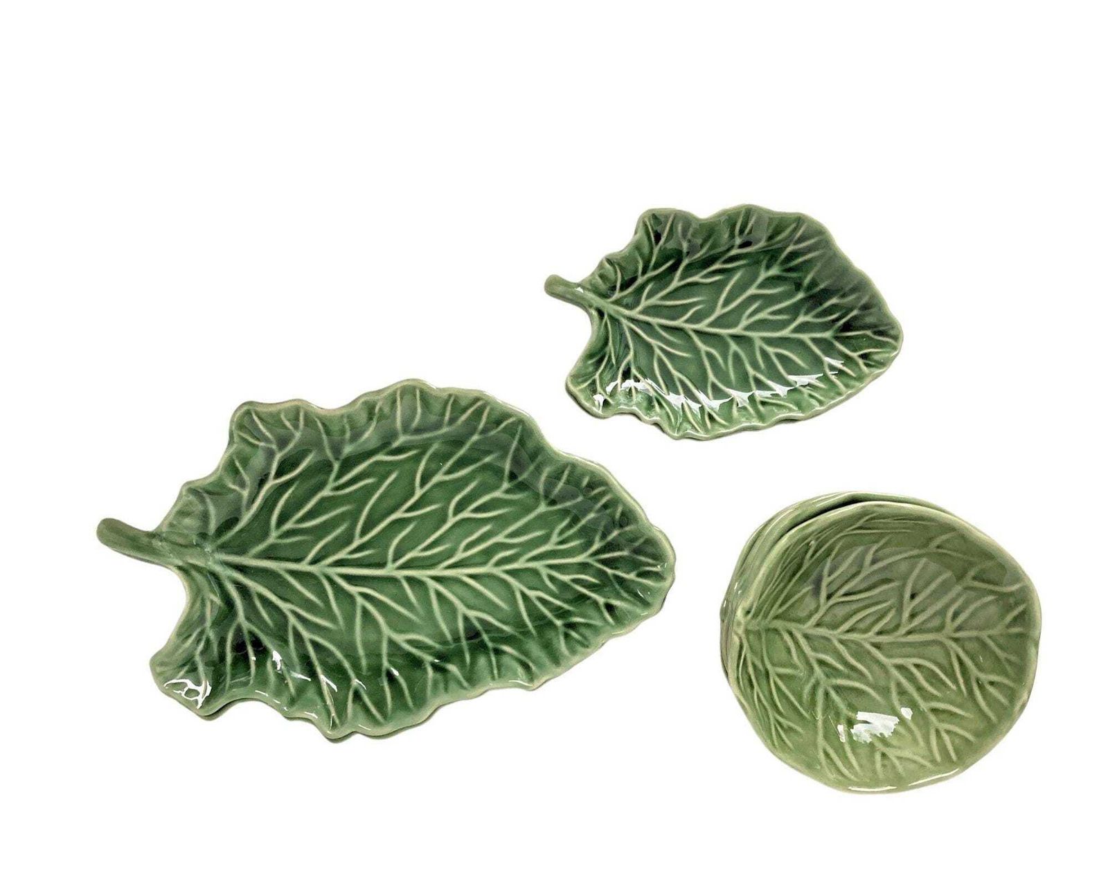 Majolica Groen Geglazuurde Borden | Vintage Aardewerken Koolbladborden | 9 Stuks photo 293.0