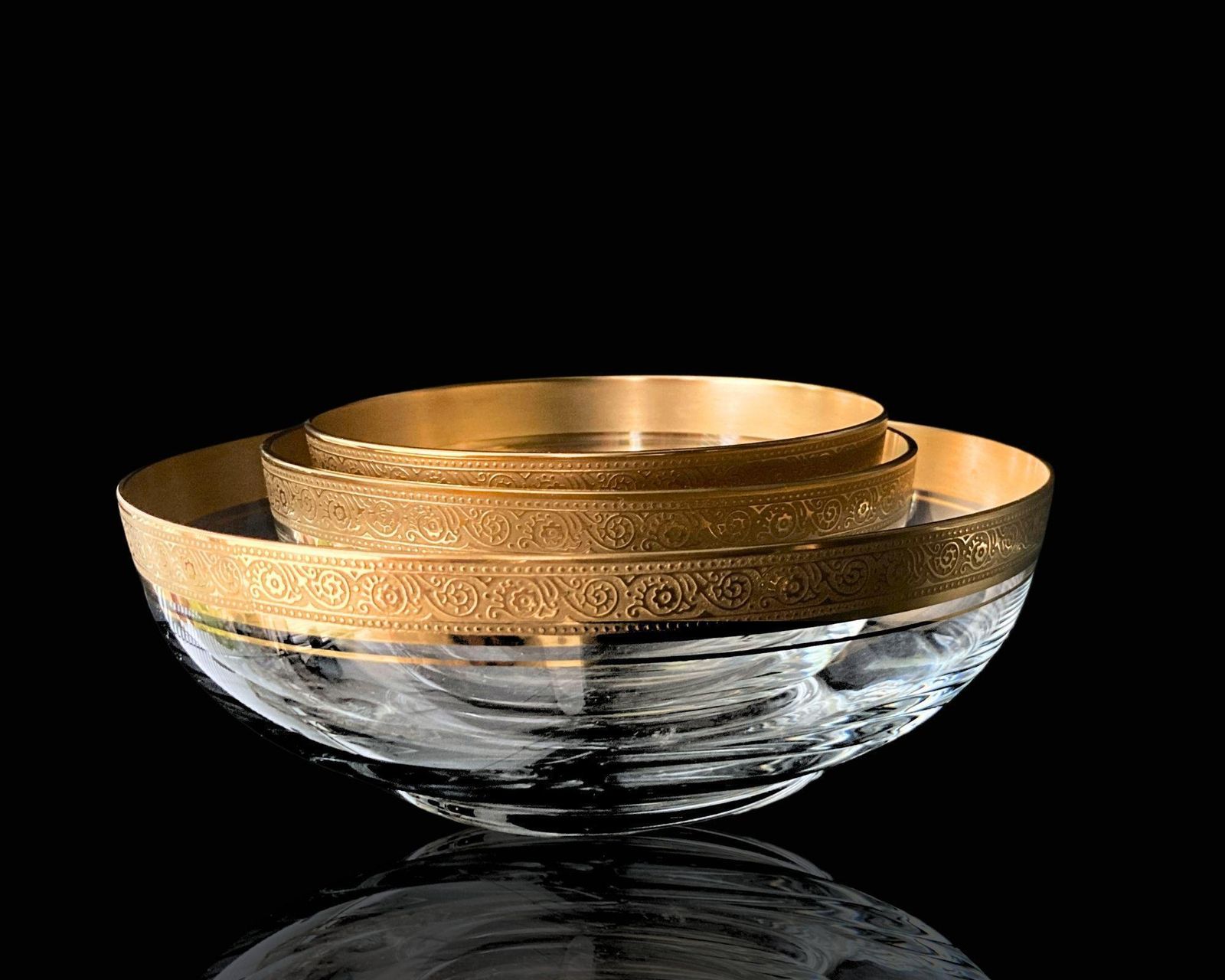Theresienthal Kristallen Schalenset | 3 Delig | Stapelbaar Met Gouden Rand photo vinterior