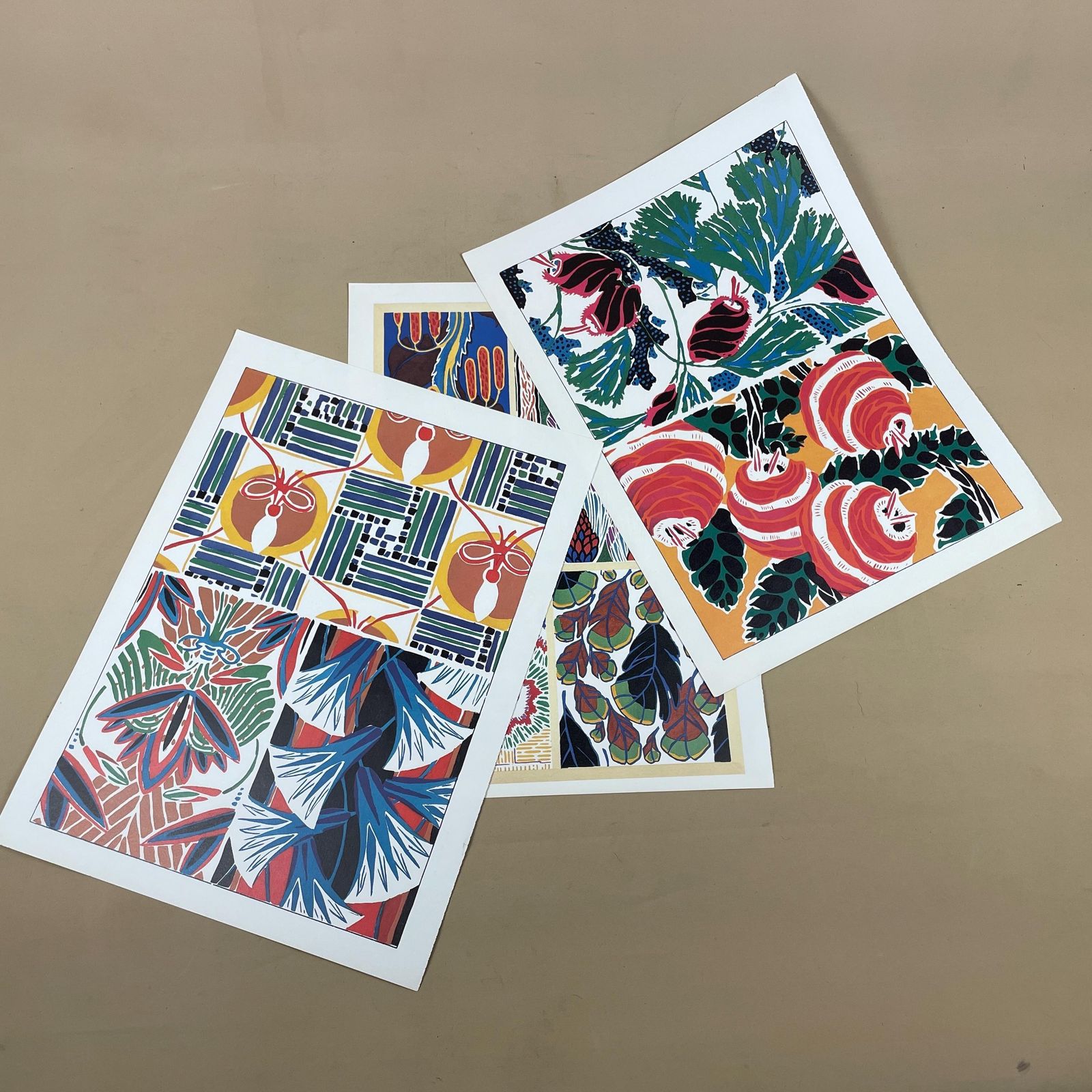 Trio Of Unframed Abstract Floral Designs Picture Book Prints 80's Textile Wall Art Decor Bright Colourful Red Yellow Blue Orange photo furniture