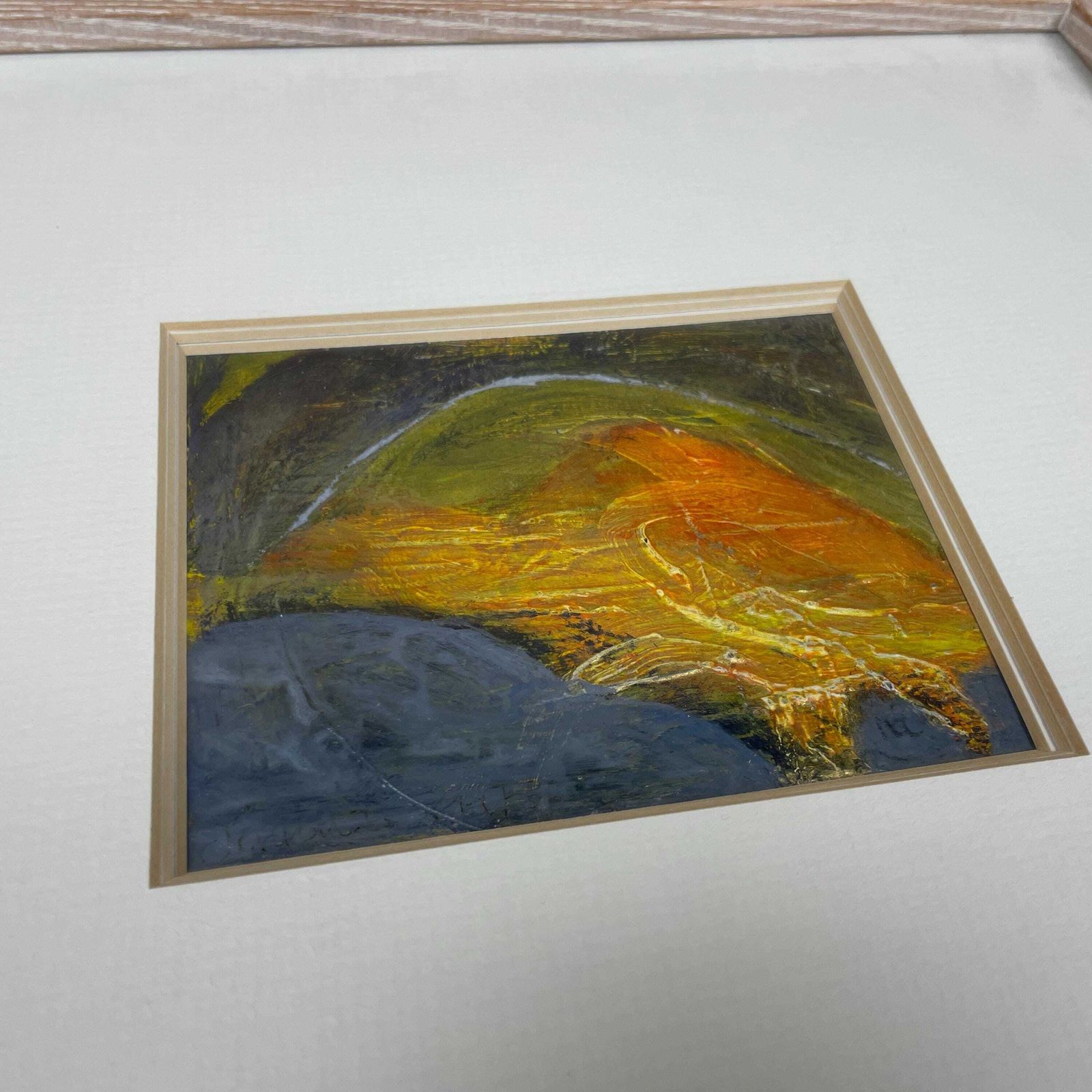 Joanna Day Artwork Original Art Acrylic Hand Painted Abstract Wooden Frame Warm Green Blue Yellow Orange 36cm X 34cm Small Focal photo furniture
