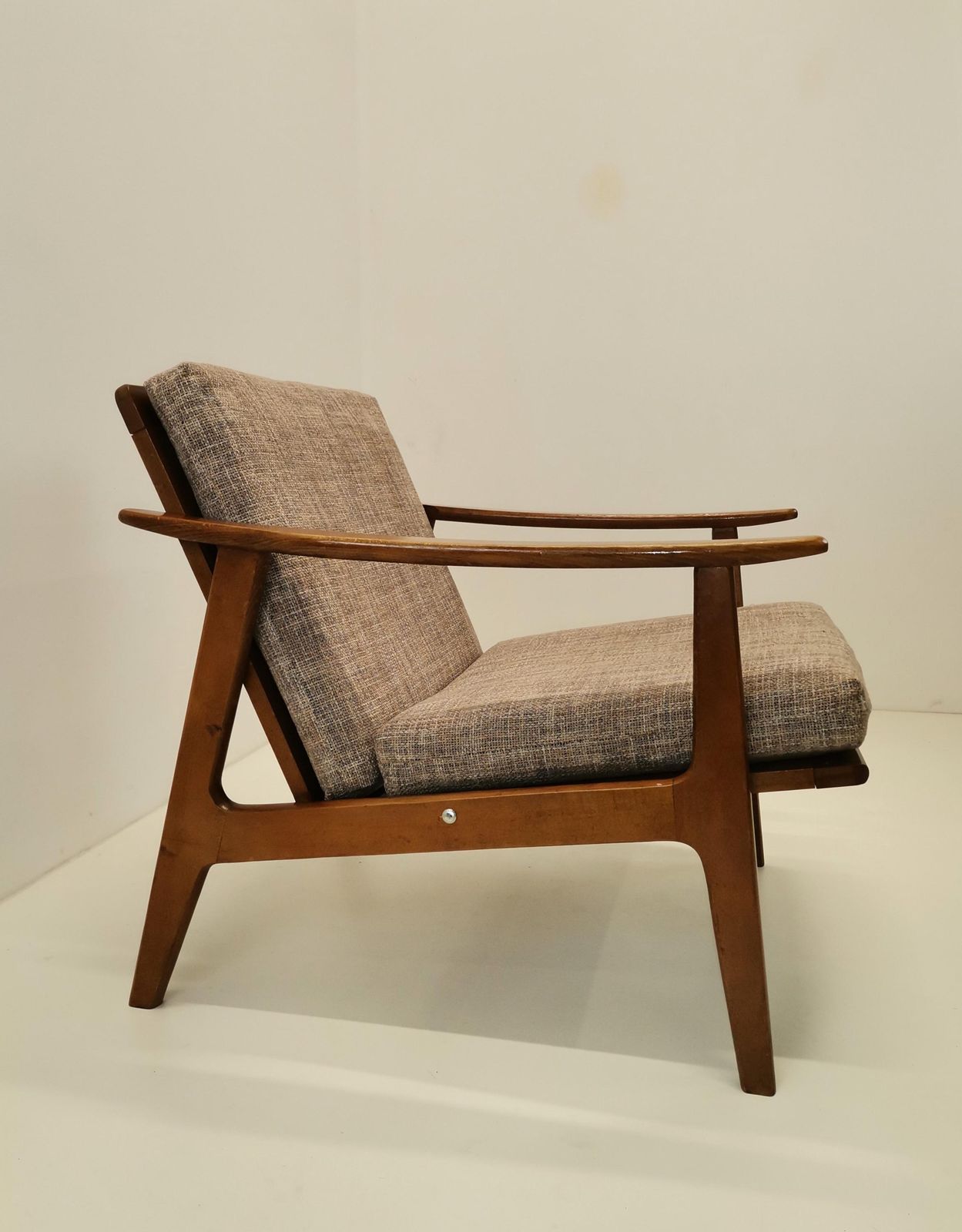 Mid Century Beige Armchair / 1960s Yugoslavia / Vintage Cushioned Lounge Chair / Scandinavian Style Armchair photo for sale
