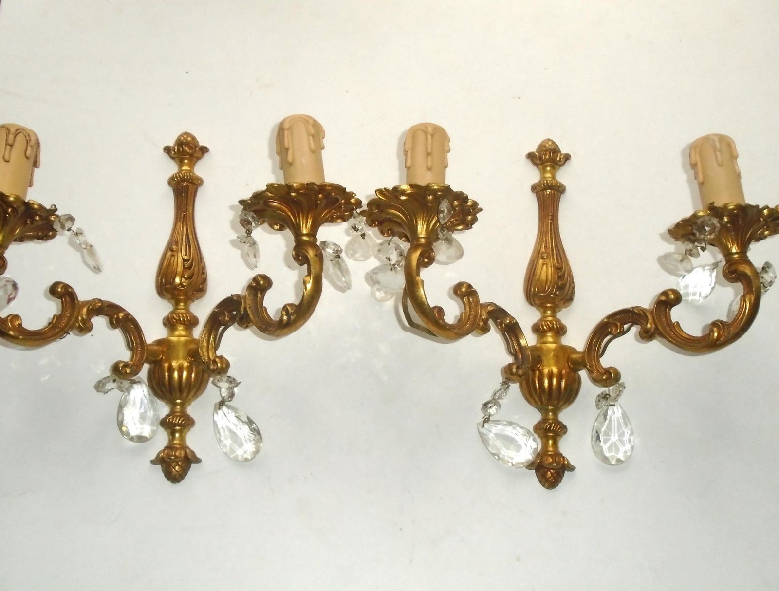 Two Antique French Double Candle Wall Sconces With Glass Crystal Drops photo furniture