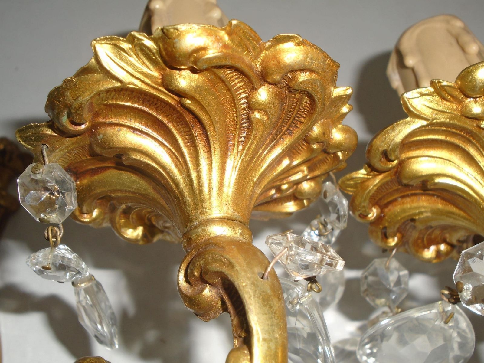 Two Antique French Double Candle Wall Sconces With Glass Crystal Drops photo vinterior