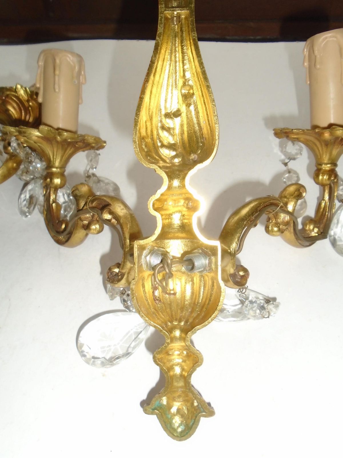 photo furniture Two Antique French Double Candle Wall Sconces With Glass Crystal Drops