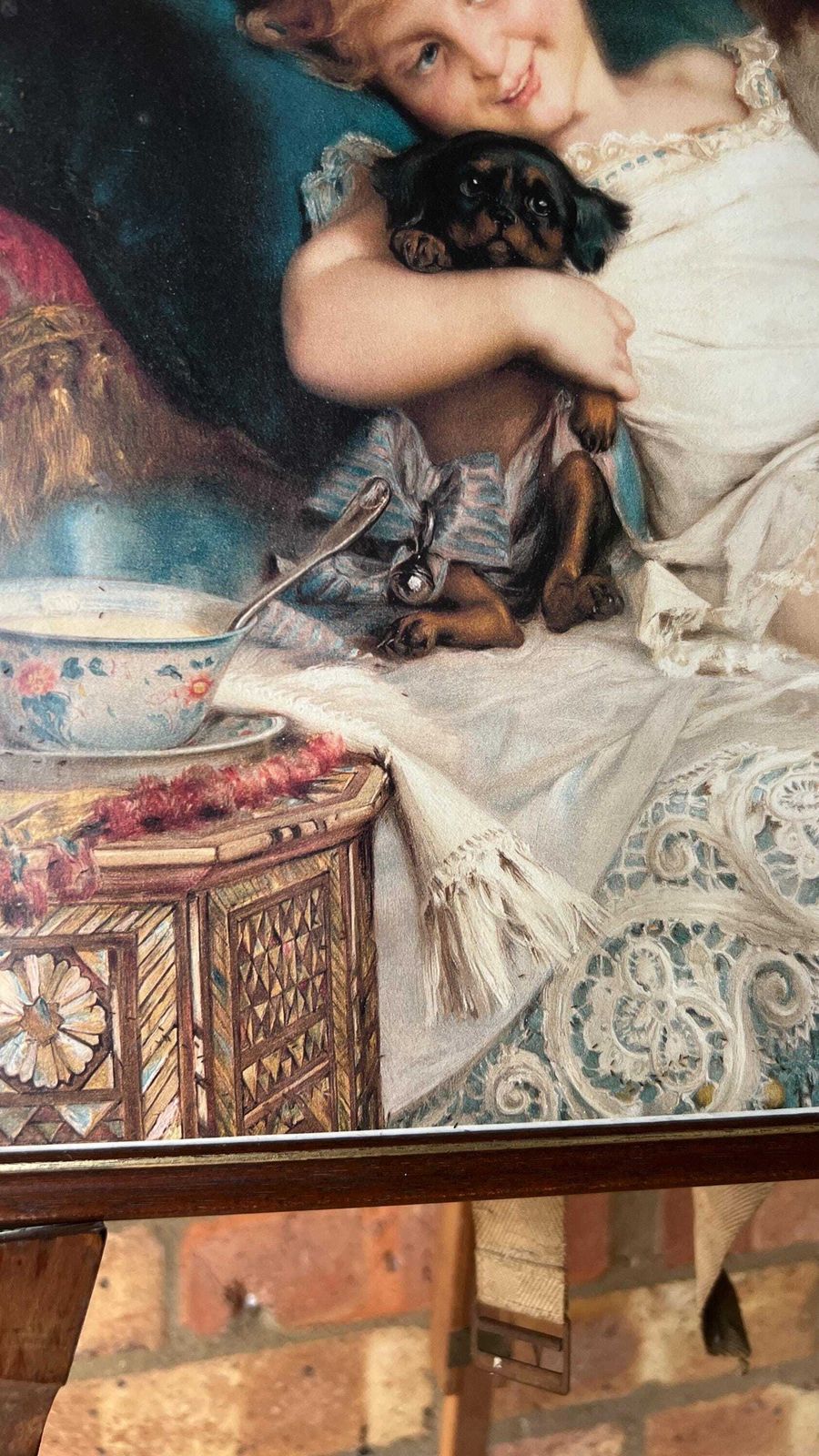 Mid Century Reproduction Print – Child With Kitten And Puppy photo for sale