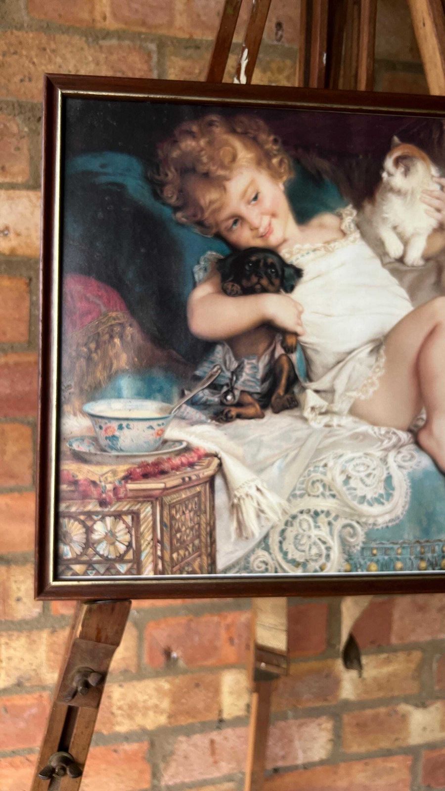 Mid Century Reproduction Print – Child With Kitten And Puppy photo vinterior