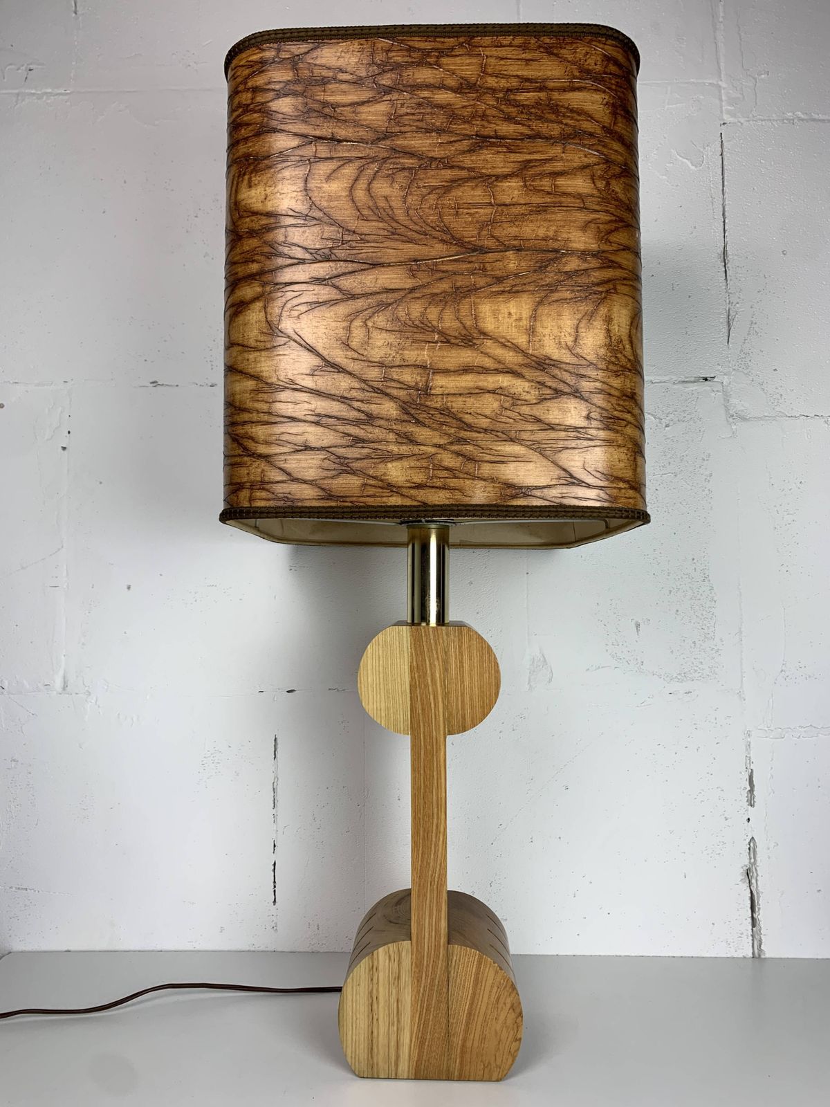 Midcentury Italian Sculptural Large Table Lamp With Wood Veneer Shade photo furniture
