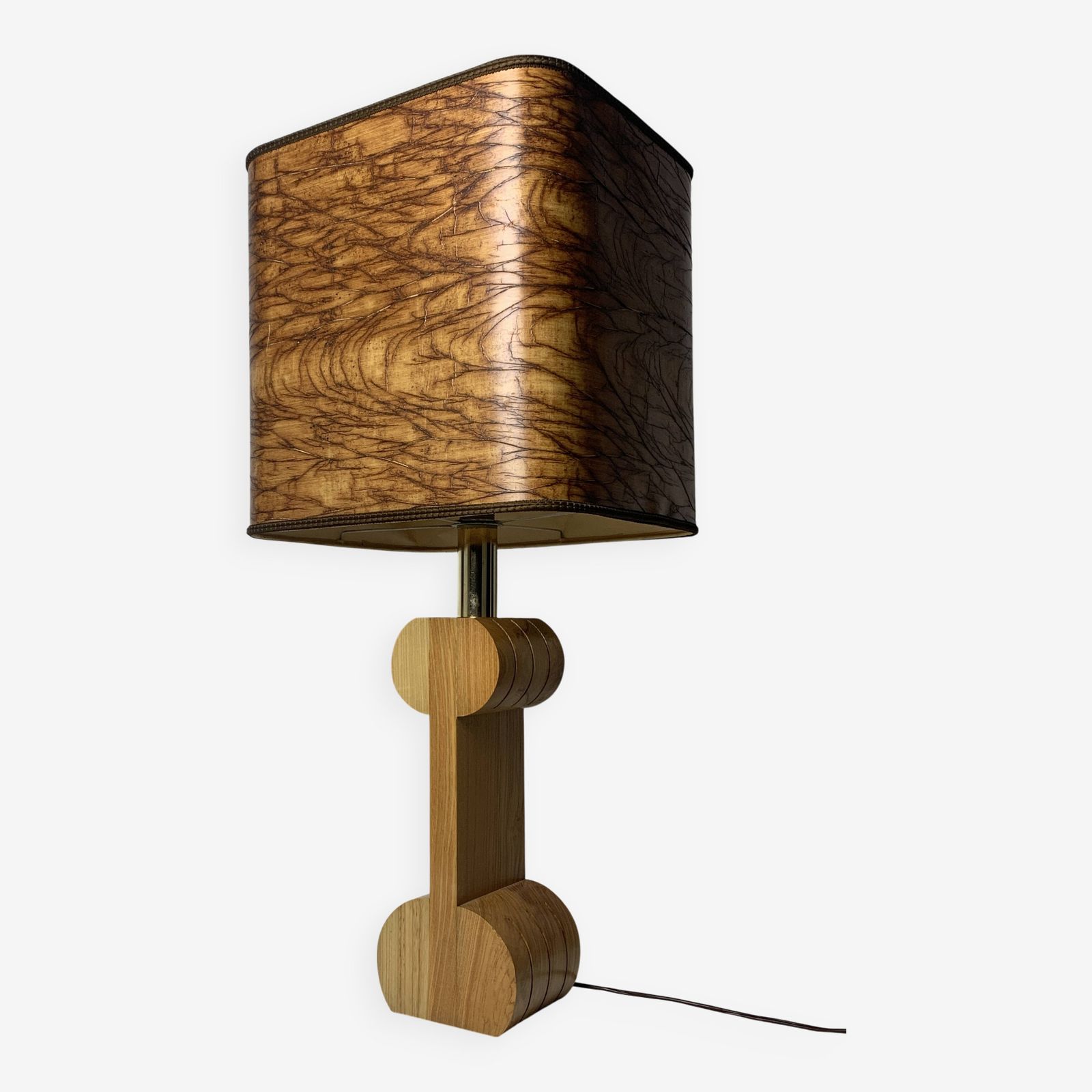 Midcentury Italian Sculptural Large Table Lamp With Wood Veneer Shade