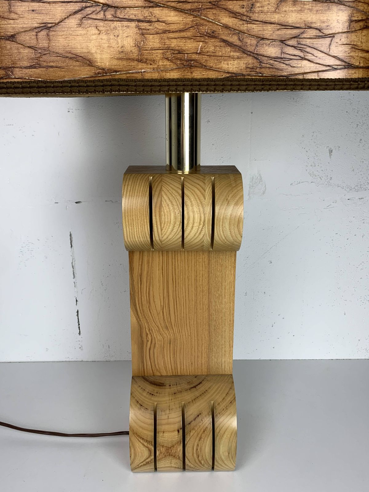Midcentury Italian Sculptural Large Table Lamp With Wood Veneer Shade photo for sale