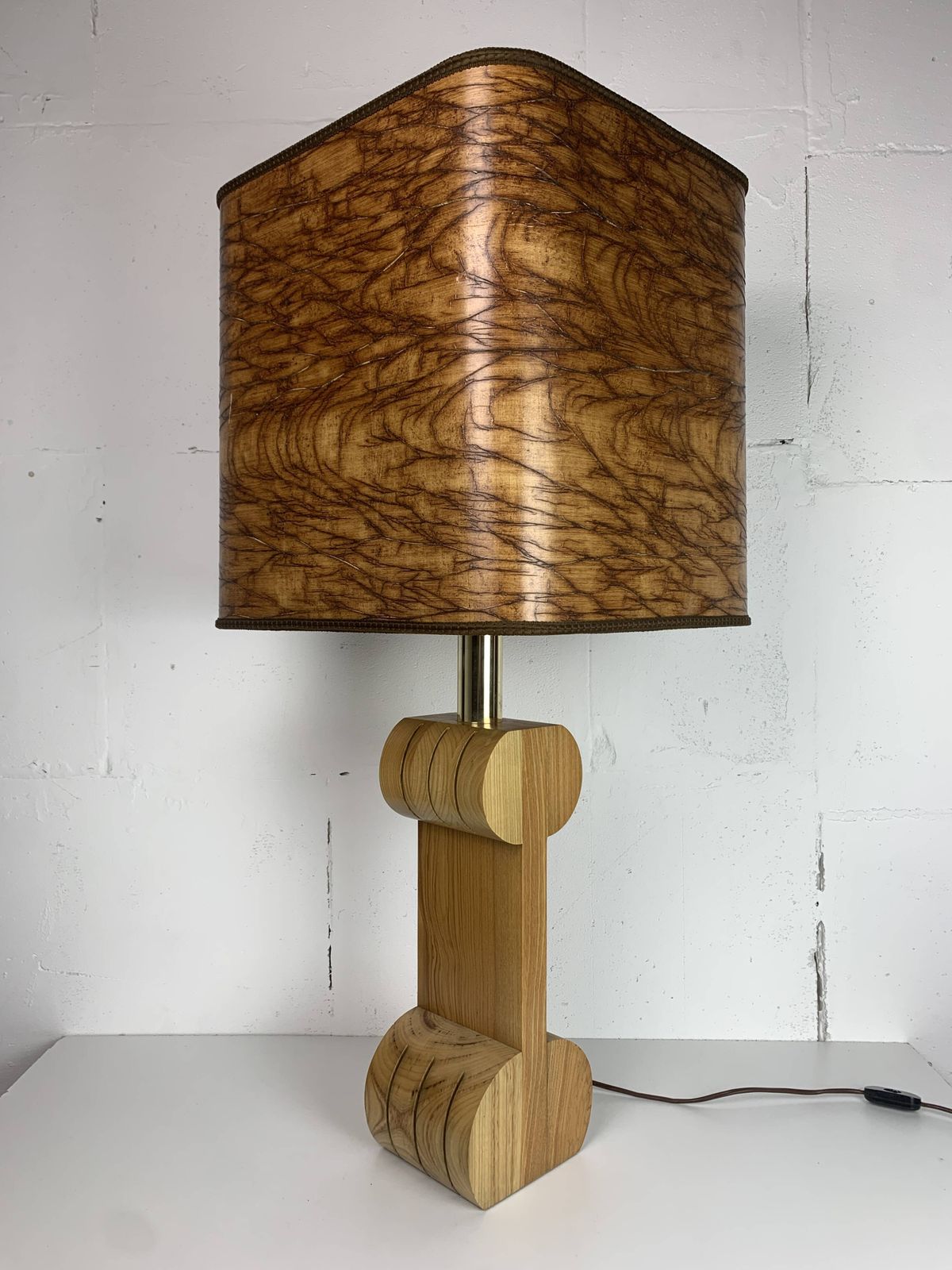 Midcentury Italian Sculptural Large Table Lamp With Wood Veneer Shade photo vinterior