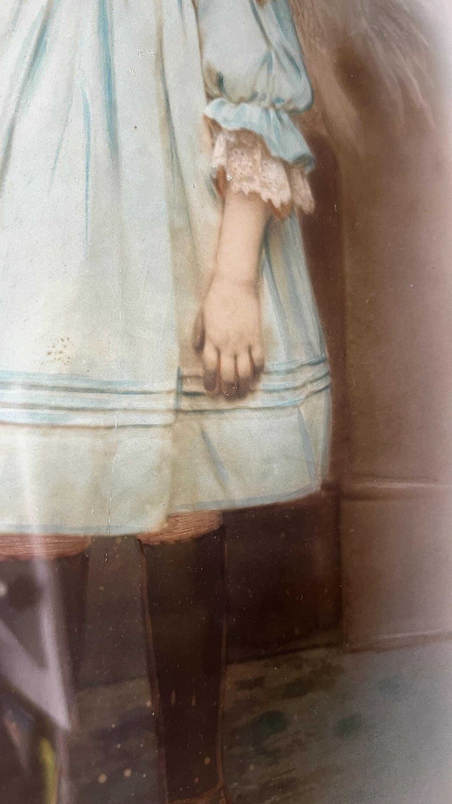 Early 1900s Large Framed Canvas Portrait – Young Girl In Blue Dress photo 119.0