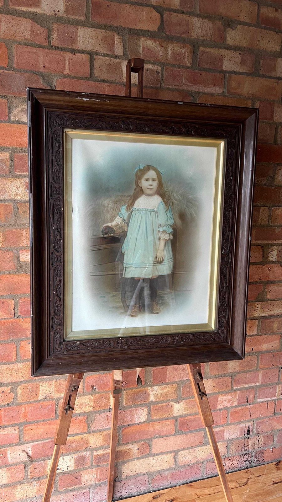 photo for sale Early 1900s Large Framed Canvas Portrait – Young Girl In Blue Dress