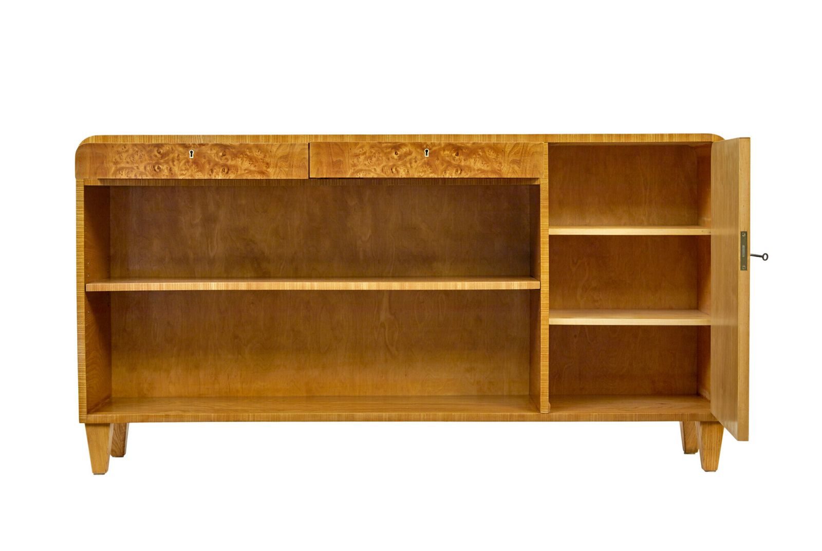 Swedish Mid Century Burr Elm Low Open Bookcase photo 2365.0