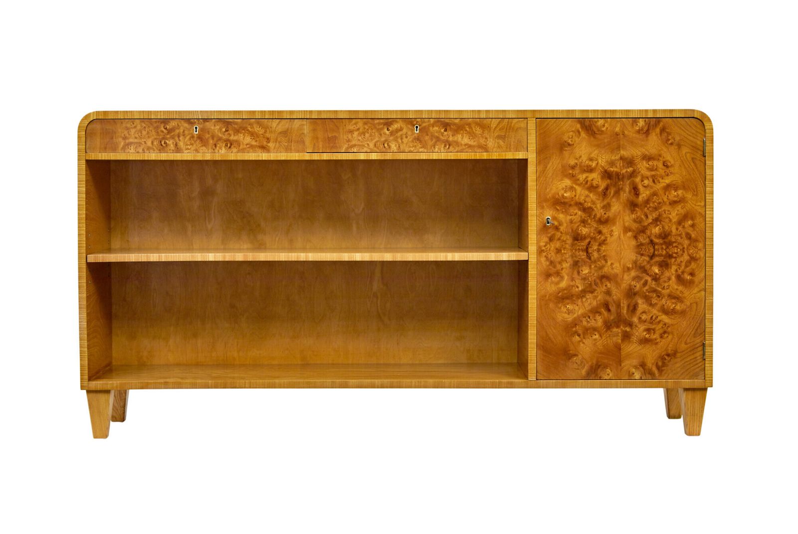 Swedish Mid Century Burr Elm Low Open Bookcase photo vinterior