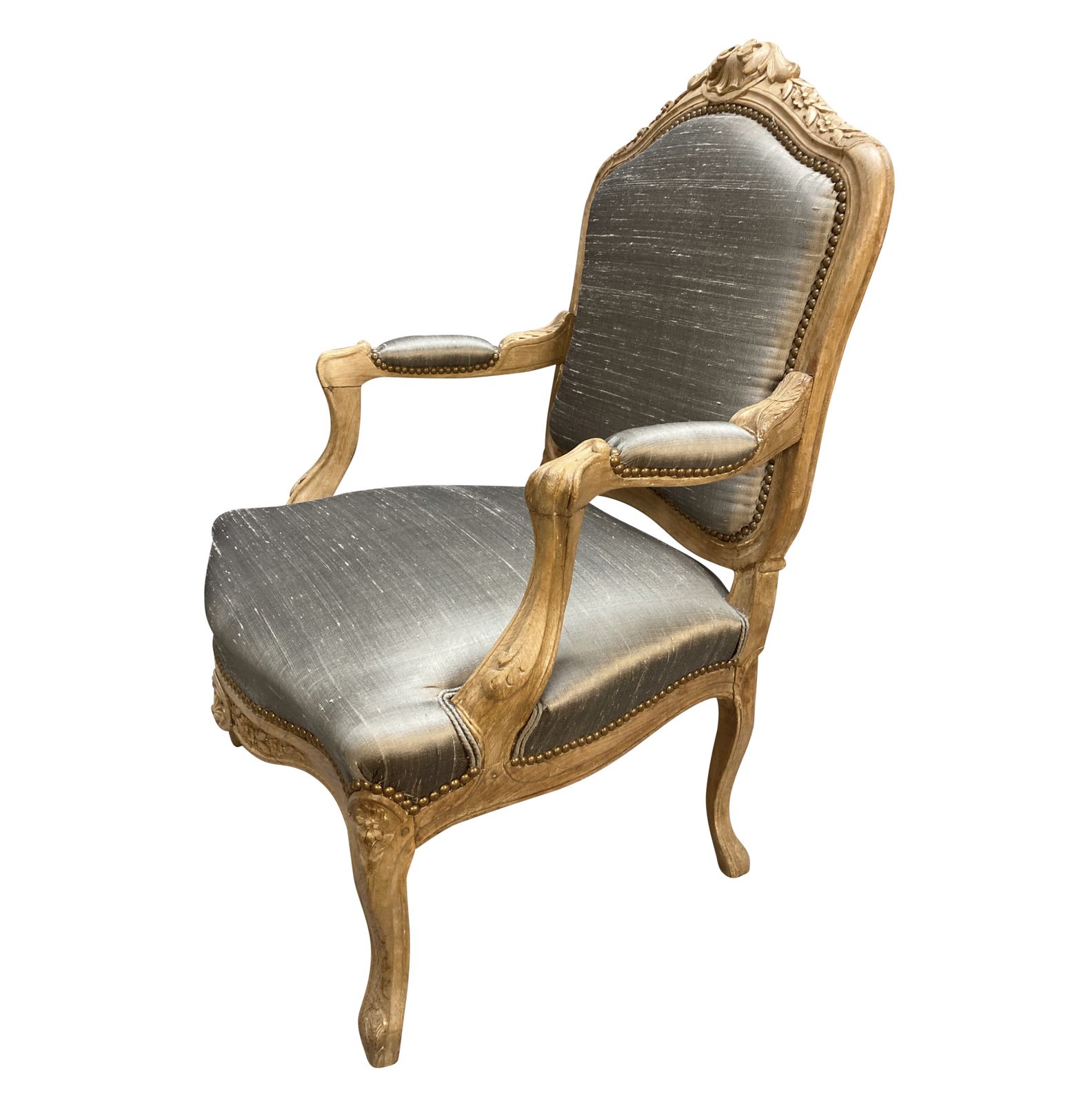 A Bleached Fruitwood Louis XV Armchair Upholstered In Silk