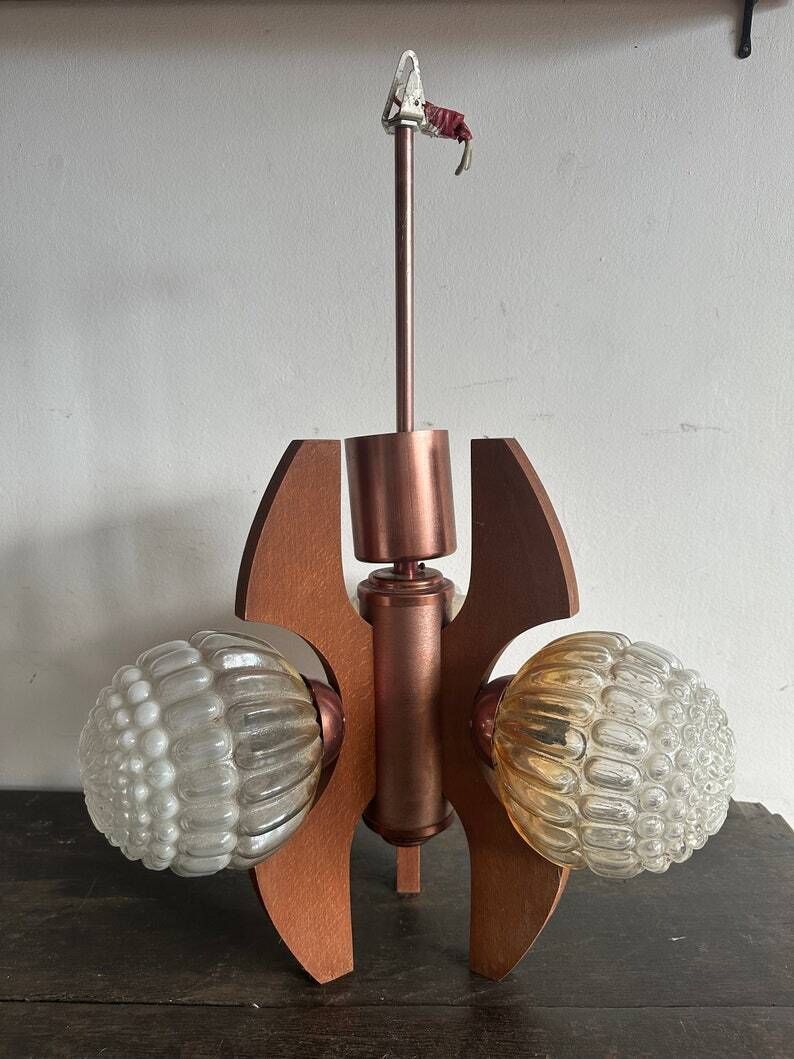 Sputnik Mid Century Teak Pendant Lamp With Glass Shades, Brass Coloured Fitting. C1960s German. Designer Lighting 3 Bulb