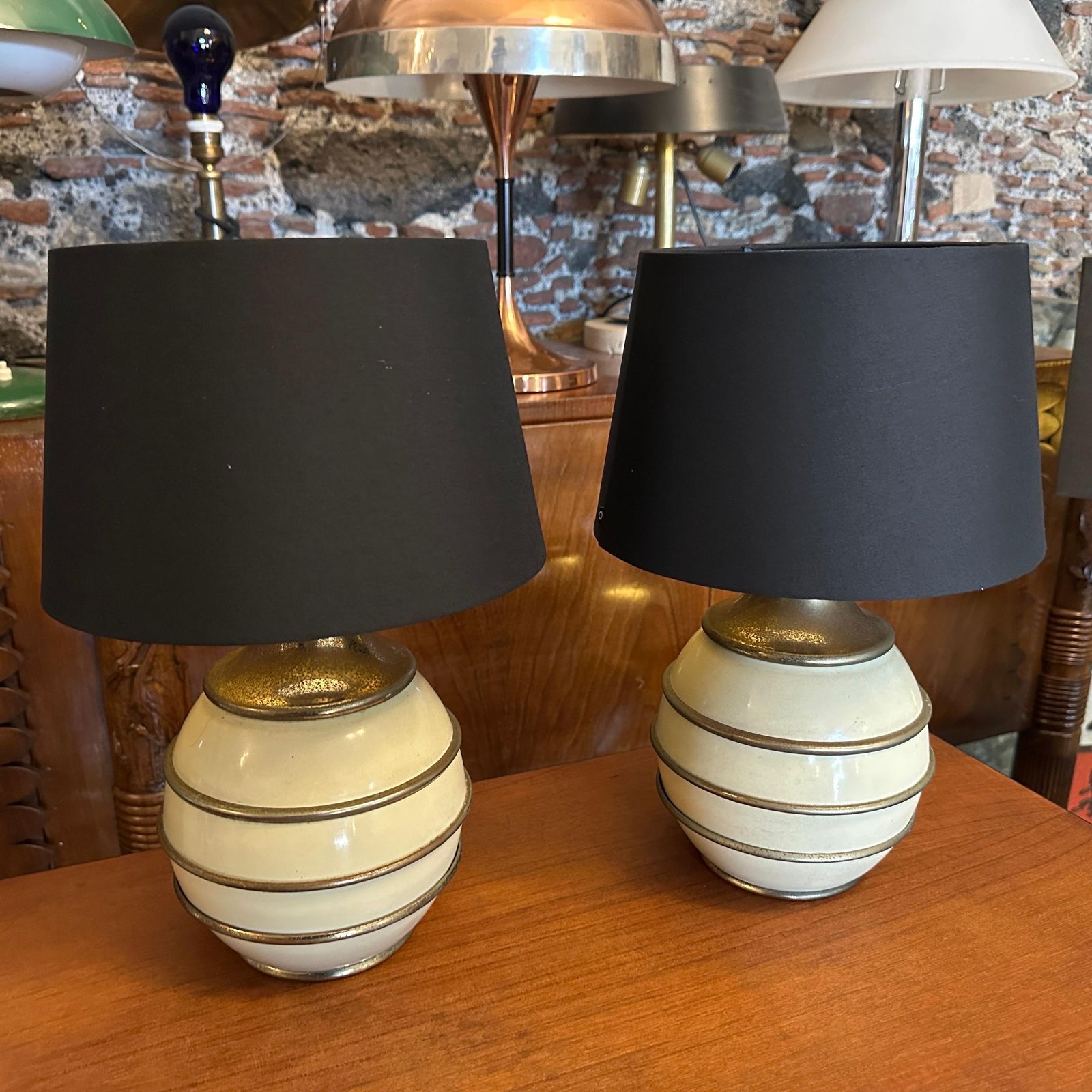 Two 1970s Mid Century Modern Brass And Ivory Lacquered Metal Italian Table Lamps photo furniture