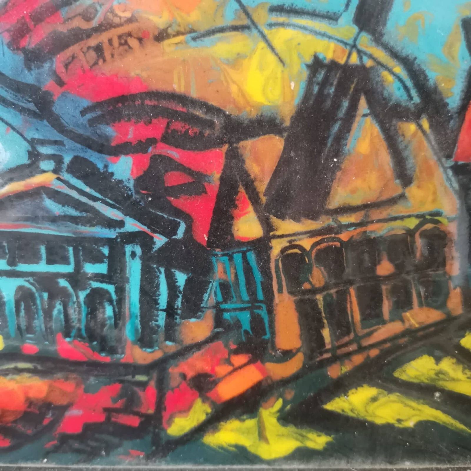 Collectible Hungarian Artist Cs Uhrin Tibor Painting On Tile: Bold, Figurative, In Vivid Oranges And Blues   Stunning Artwork photo for sale