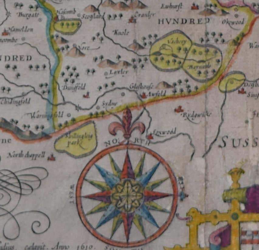 Map Of The County Of Surrey, Described And Divided Into Hundreds, Engraving By John Speede photo 529.0