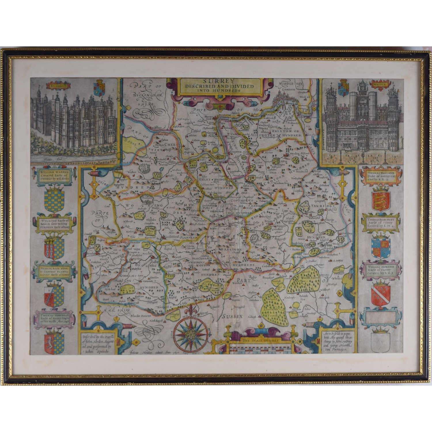 Map Of The County Of Surrey, Described And Divided Into Hundreds, Engraving By John Speede photo vinterior