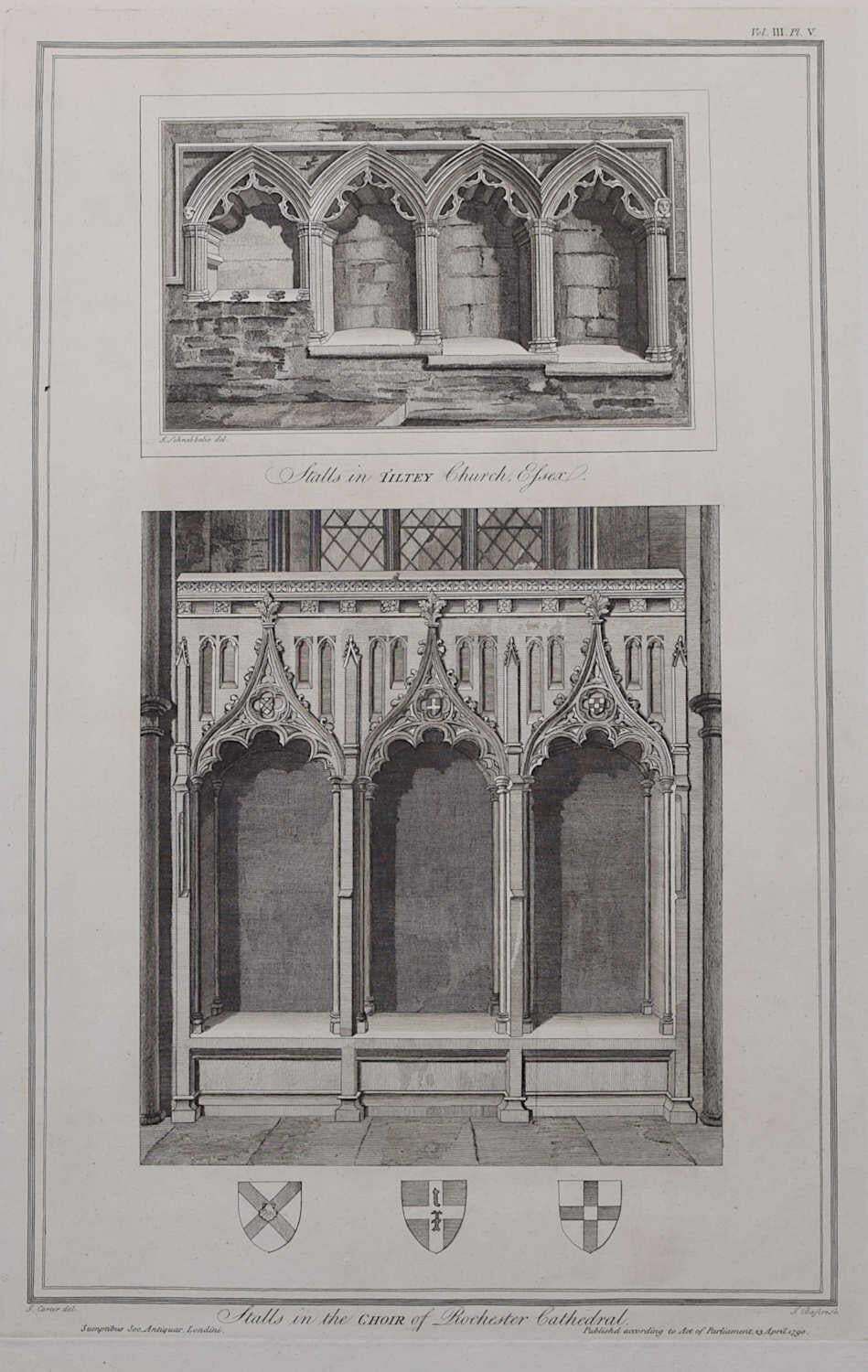 Tiltey Church, Essex & Rochester Cathedral, Engraving By James Basire 1790