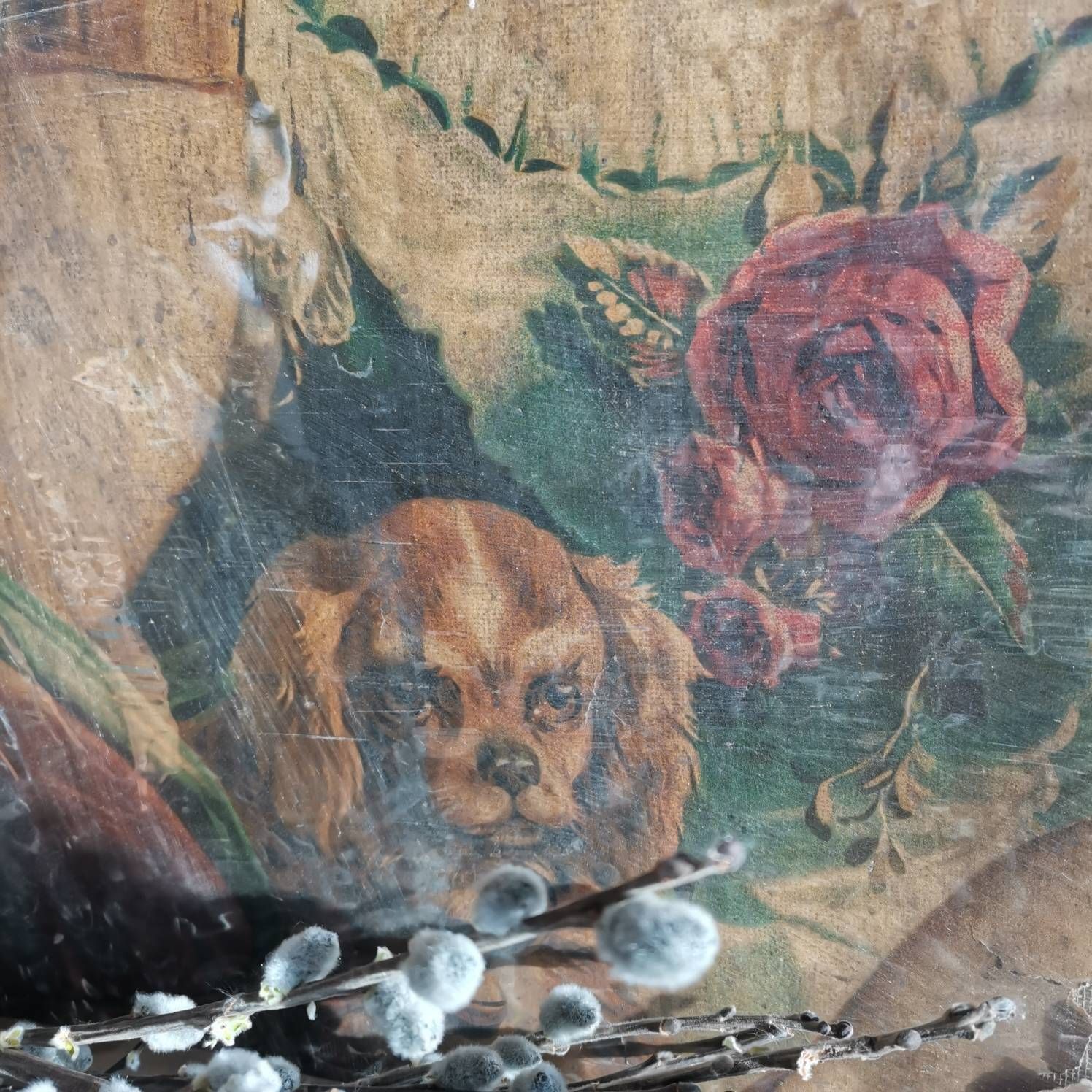 Painted Print, Vintage Portrait Of A Pretty Lady With A Dog. Hand Mounted On Canvas. Very Old And Distressed. From A Painting. photo vinterior