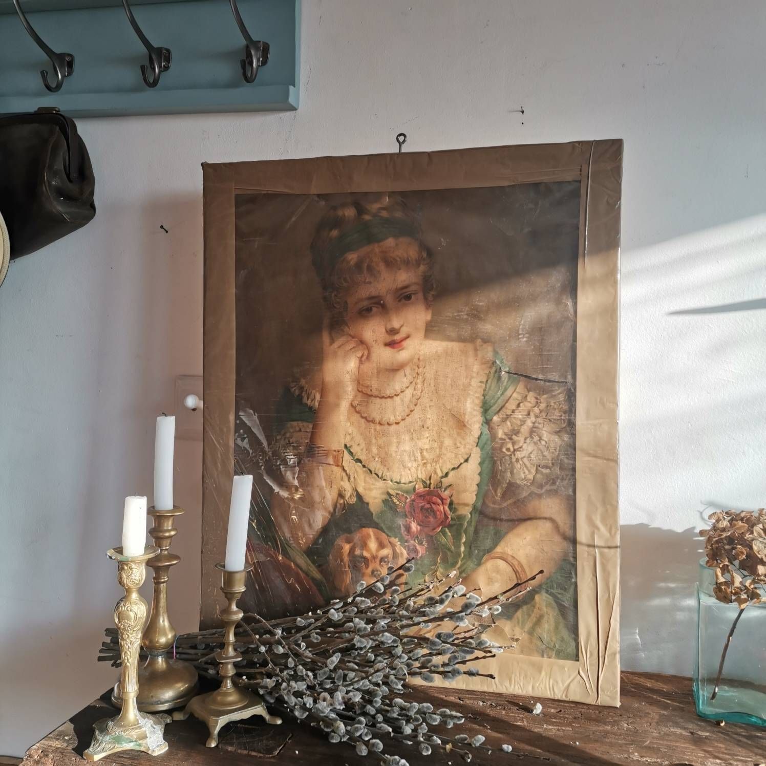 Painted Print, Vintage Portrait Of A Pretty Lady With A Dog. Hand Mounted On Canvas. Very Old And Distressed. From A Painting. photo buy