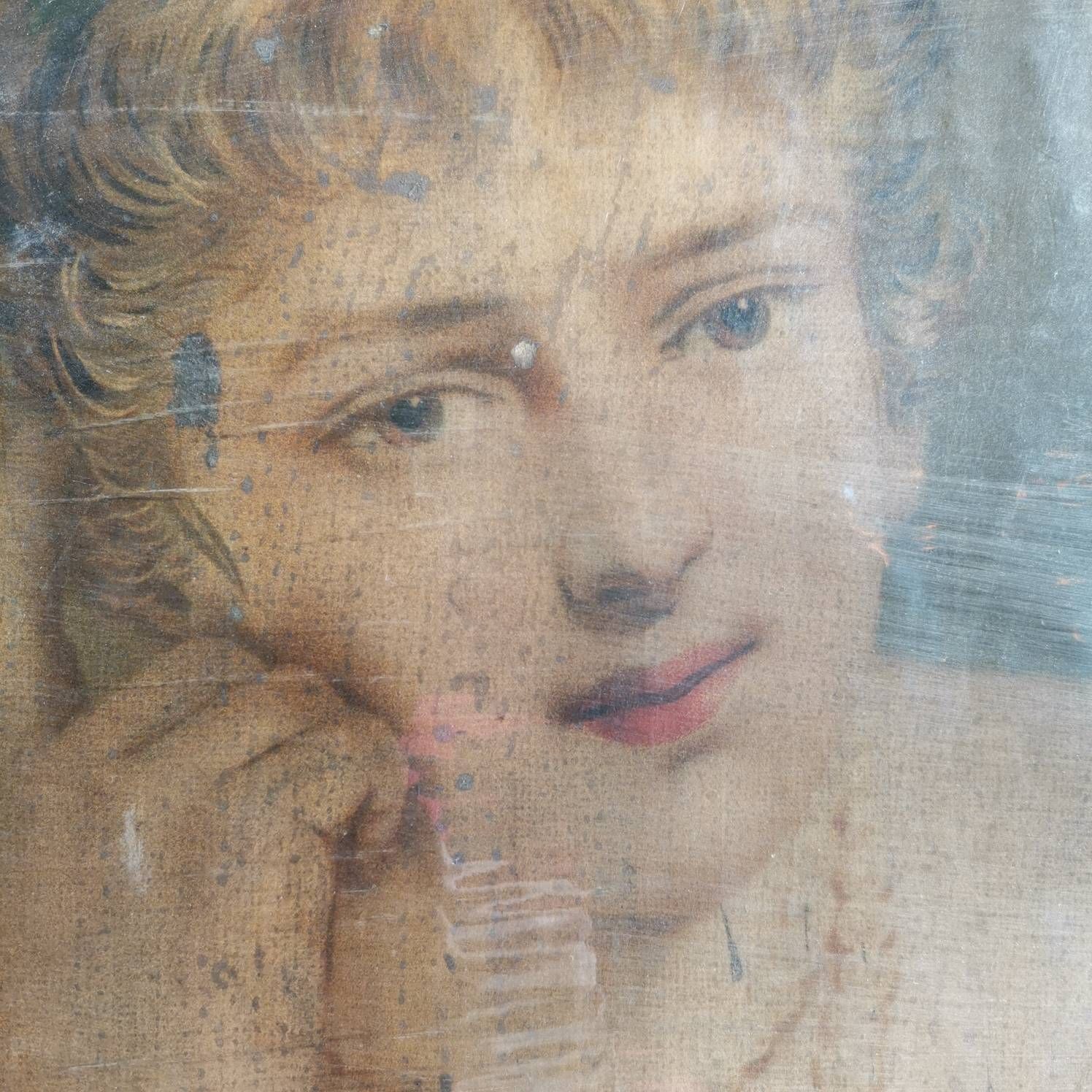 Painted Print, Vintage Portrait Of A Pretty Lady With A Dog. Hand Mounted On Canvas. Very Old And Distressed. From A Painting. photo vintage