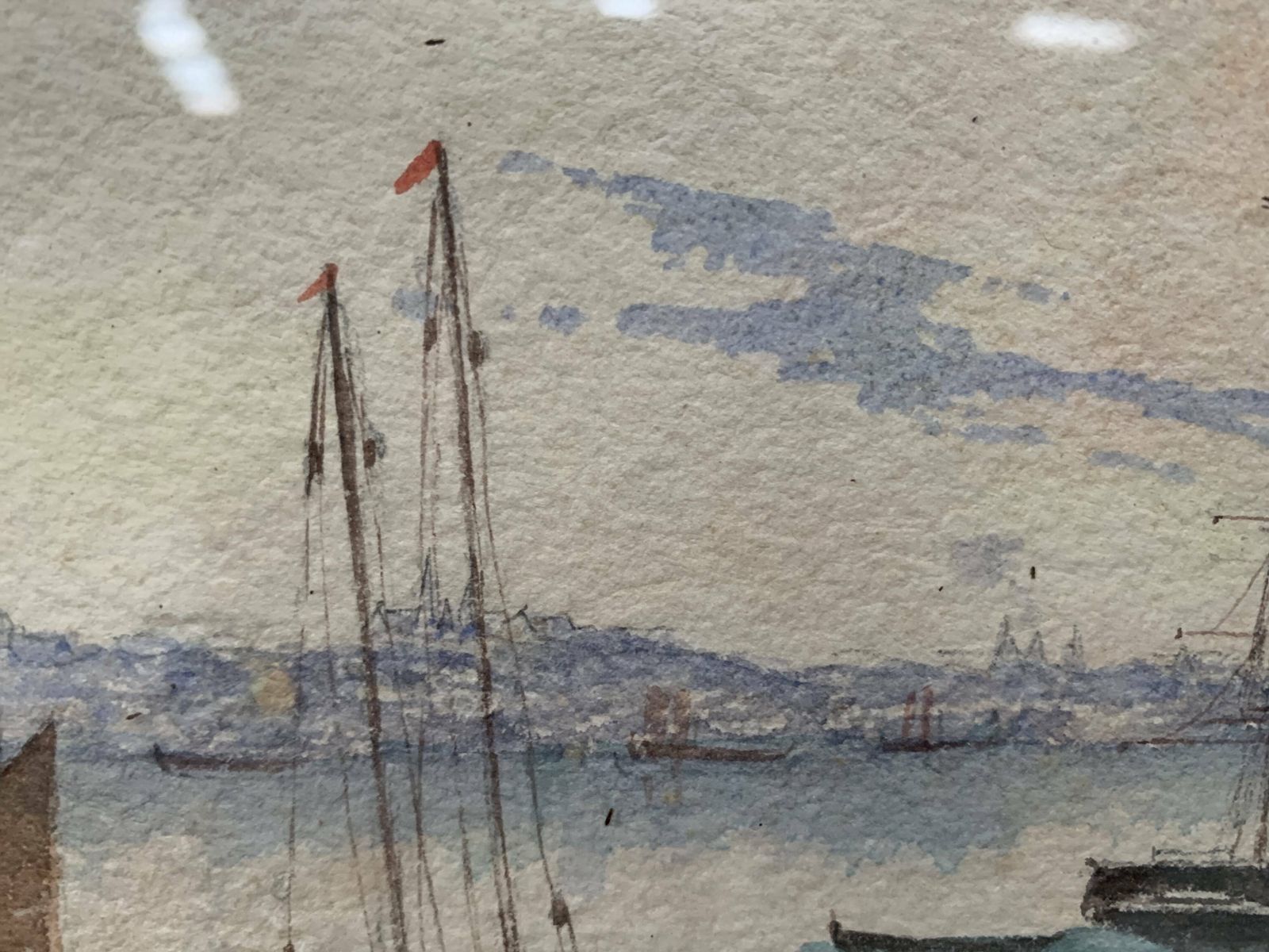Marine Watercolor "Sailboat At Sea And Stranded On The Beach" 20th Century photo vintage