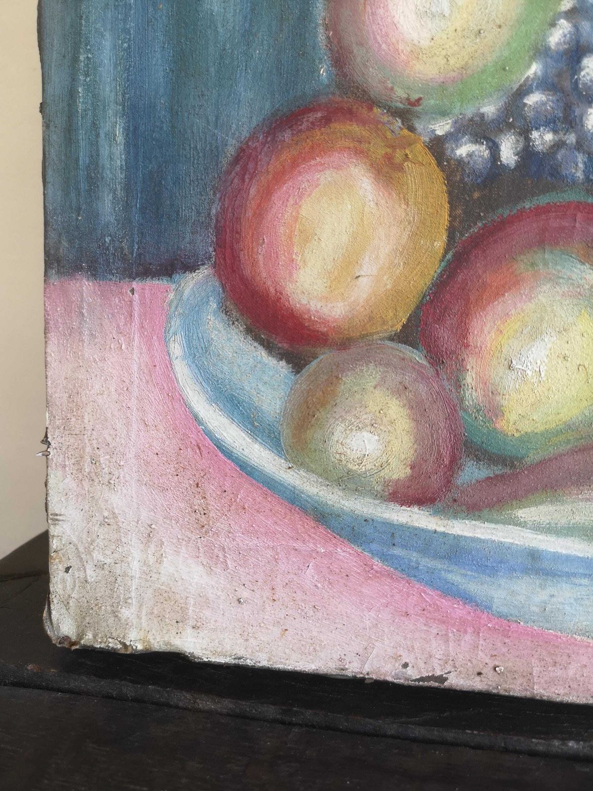 Large Oil Painting A Delightful Piece. Great Arrangement Of Flowers And Fruit Bowl On Canvas Still Life C1950s Hungarian Rustic Decor Muted photo 80.0