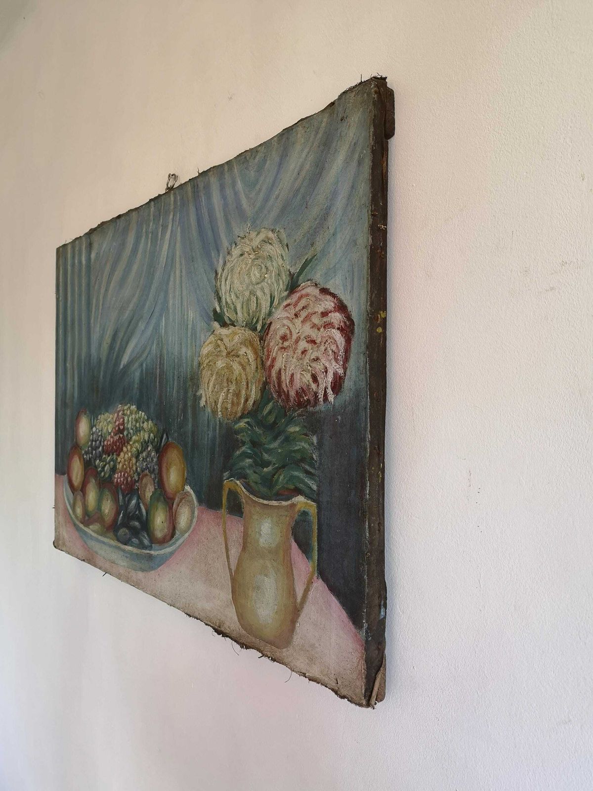 photo furniture Large Oil Painting A Delightful Piece. Great Arrangement Of Flowers And Fruit Bowl On Canvas Still Life C1950s Hungarian Rustic Decor Muted