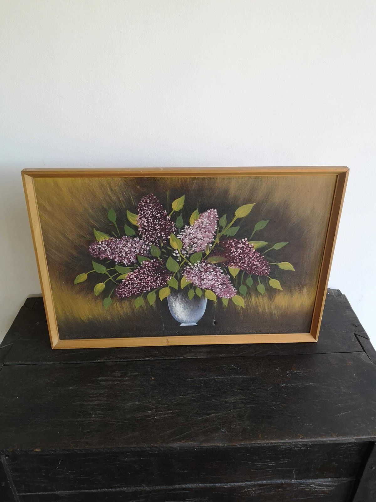 Painting Beautiful Soft Art Of Violet Flowers In Vase Signed Acrylic On Canvas 1950. Neat Rustic Wooden Frame photo for sale