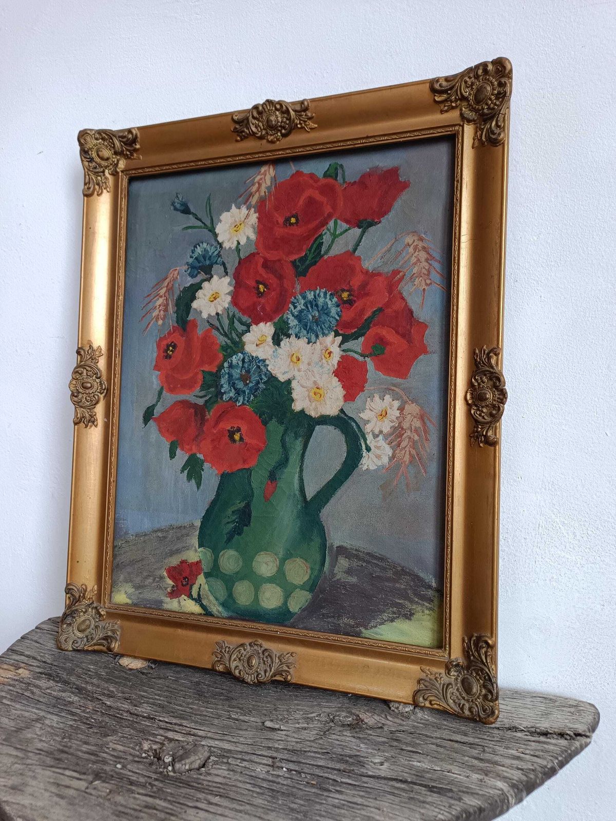 Acrylic Painting A Delightful Piece. Vivid Arrangement Of Colourful Flowers On Canvas C1920s Signed Hungarian With Gold Rocco Frame photo furniture