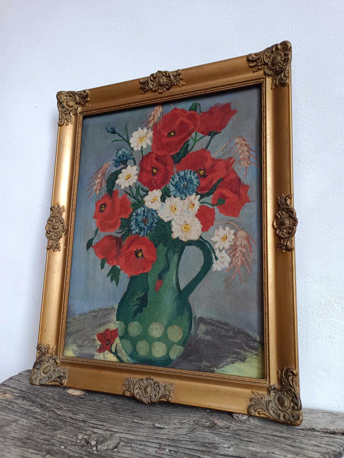 Acrylic Painting A Delightful Piece. Vivid Arrangement Of Colourful Flowers On Canvas C1920s Signed Hungarian With Gold Rocco Frame photo Art