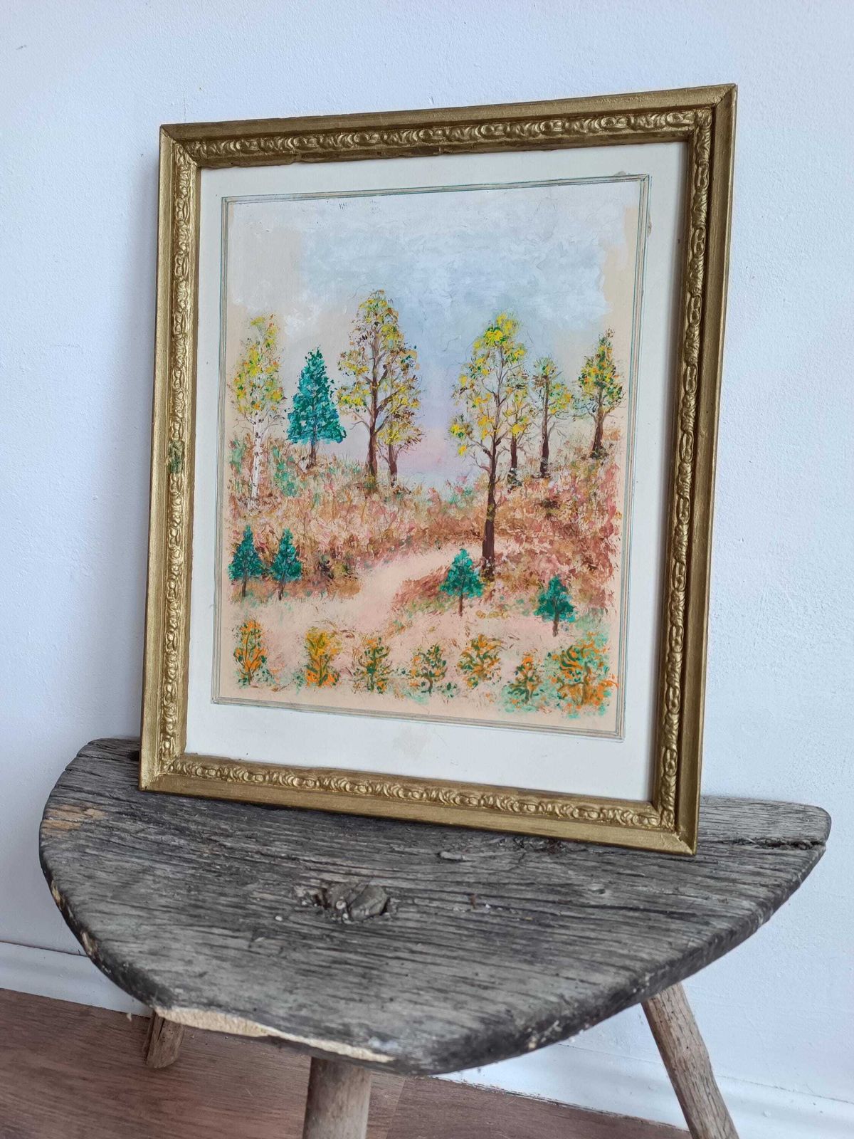 Res Antique Hungarian Forest Painting   Timeless Homestead Art Of Trees At Dusk. Canvas Shabby Talented Artist. Collectible. Atmospheric photo furniture