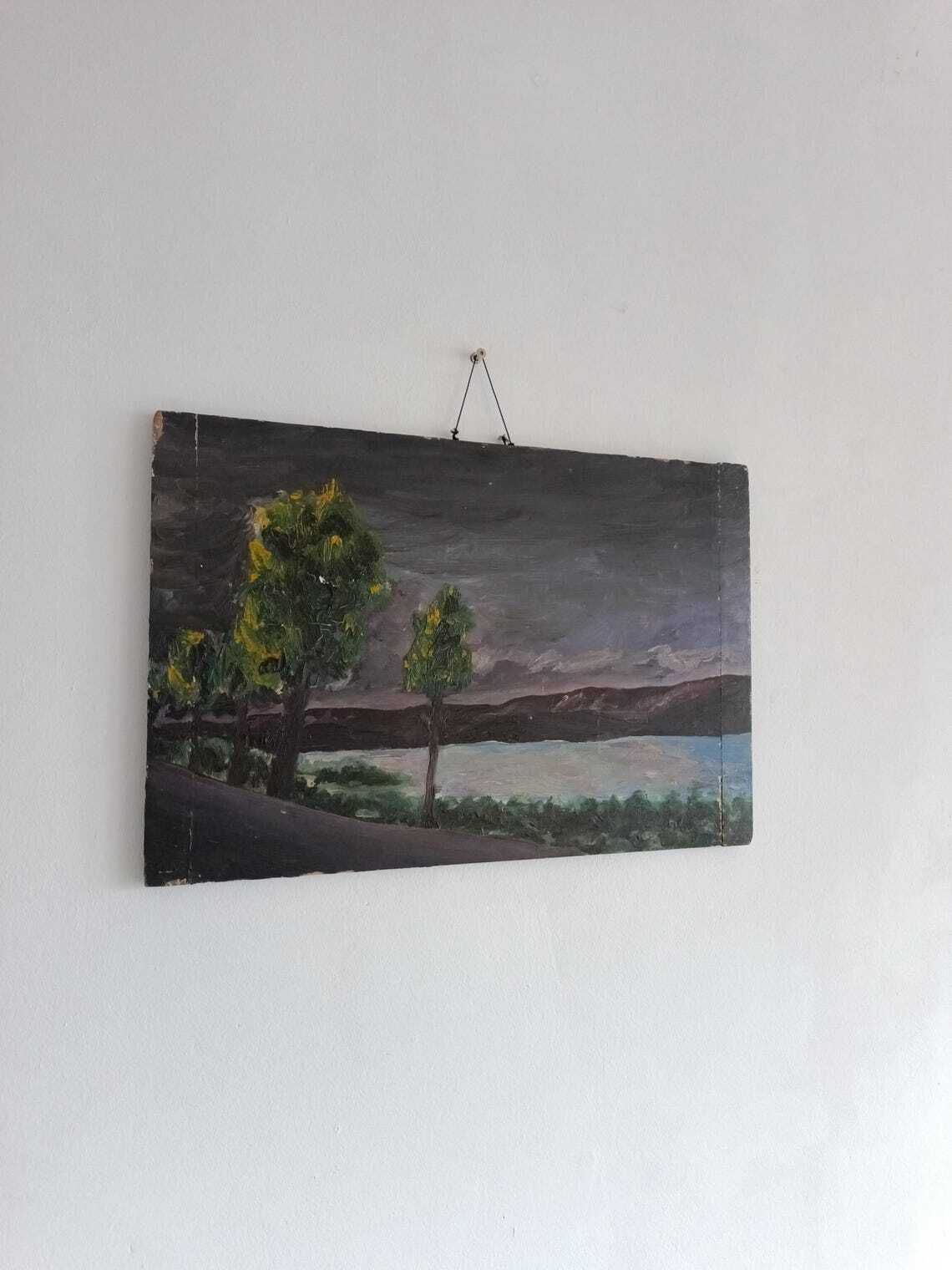 Res Antique Hungarian Forest Painting   Timeless Homestead Art Of Trees At Dusk. Canvas Shabby Talented Artist. Collectible. Atmospheric photo vinterior