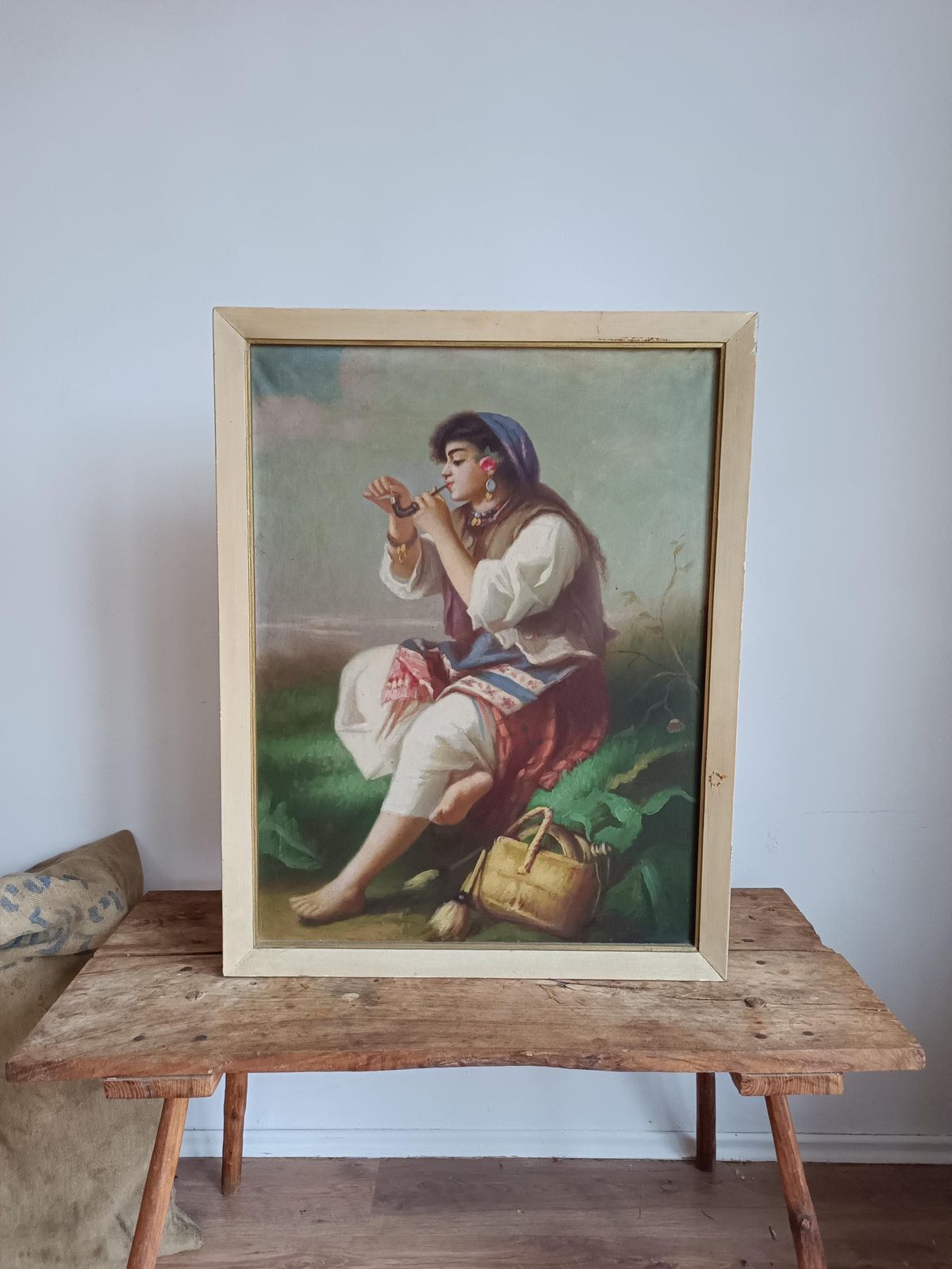 Painting Original Romany, Gypsy Folk Dressed Woman Smoking Pipe, Country Rustic Decor,Smoke Room, Hungarian,Vintage Old Art, Collectible