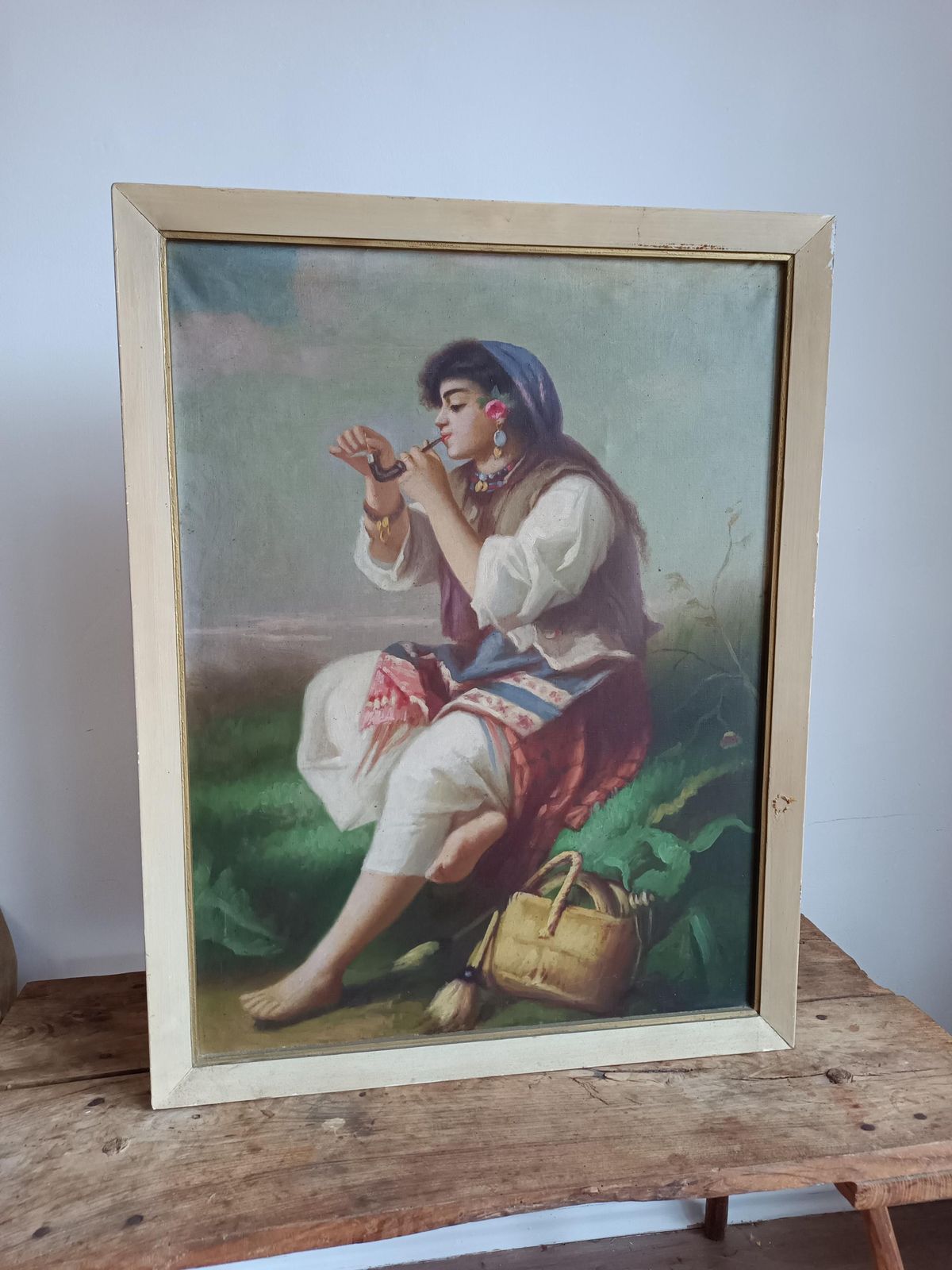 Painting Original Romany, Gypsy Folk Dressed Woman Smoking Pipe, Country Rustic Decor,Smoke Room, Hungarian,Vintage Old Art, Collectible photo for sale