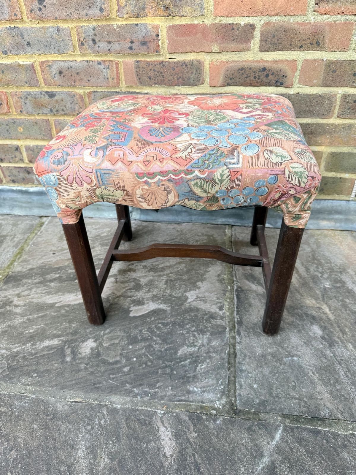 Mid Century Wooden Stool With A 1980s Fabric Seat, Retro Stool, 1950s Stool, Wooden Stool, Wood Stool, Upholstered Stool photo 68.0