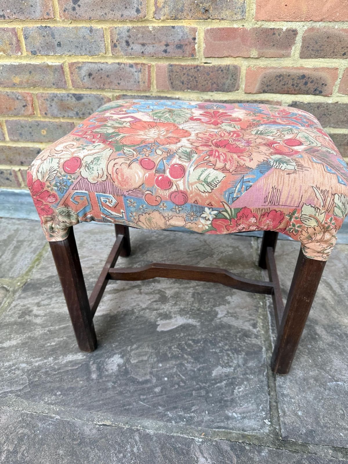 Mid Century Wooden Stool With A 1980s Fabric Seat, Retro Stool, 1950s Stool, Wooden Stool, Wood Stool, Upholstered Stool photo vinterior