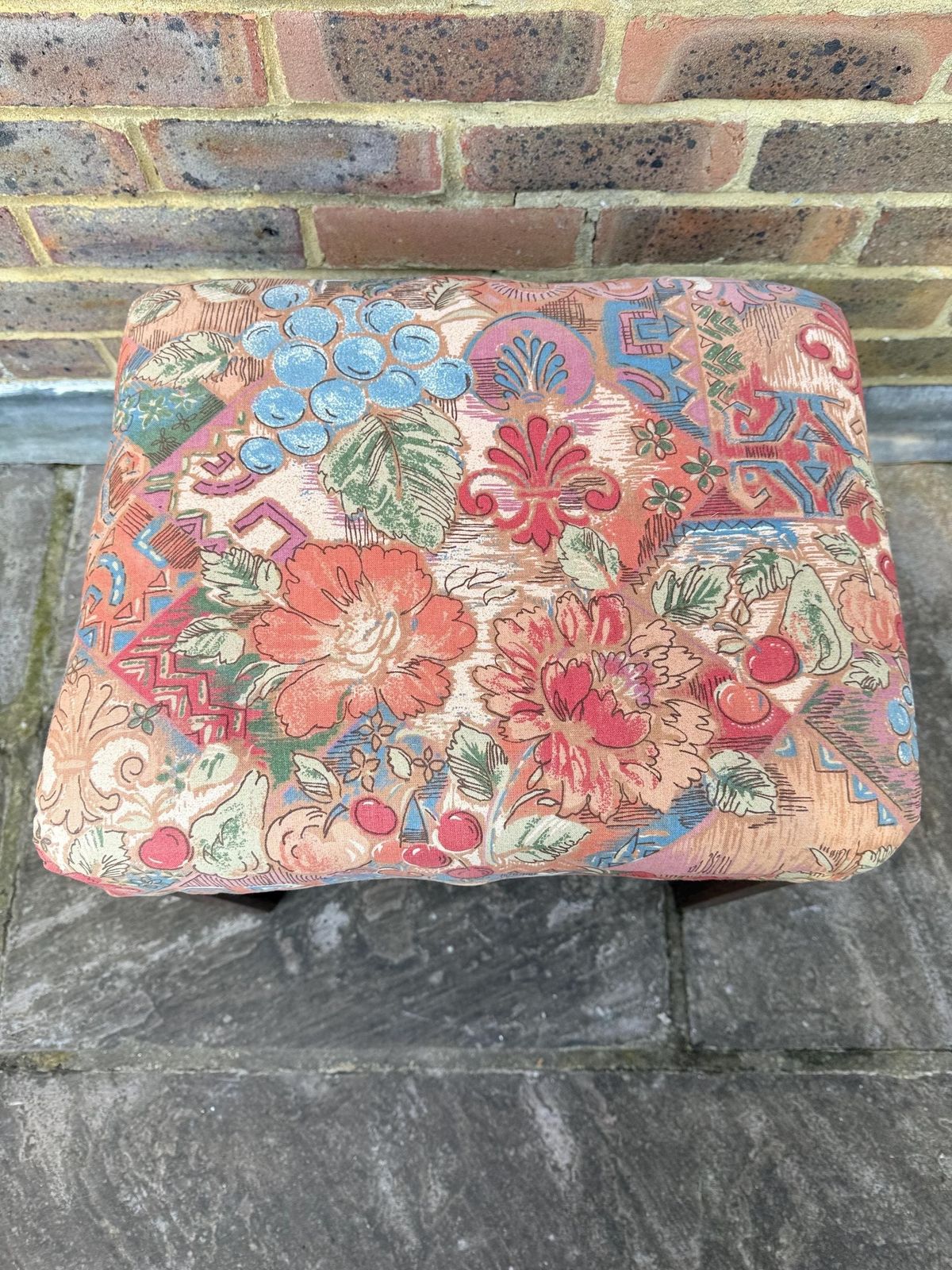 Mid Century Wooden Stool With A 1980s Fabric Seat, Retro Stool, 1950s Stool, Wooden Stool, Wood Stool, Upholstered Stool photo vintage