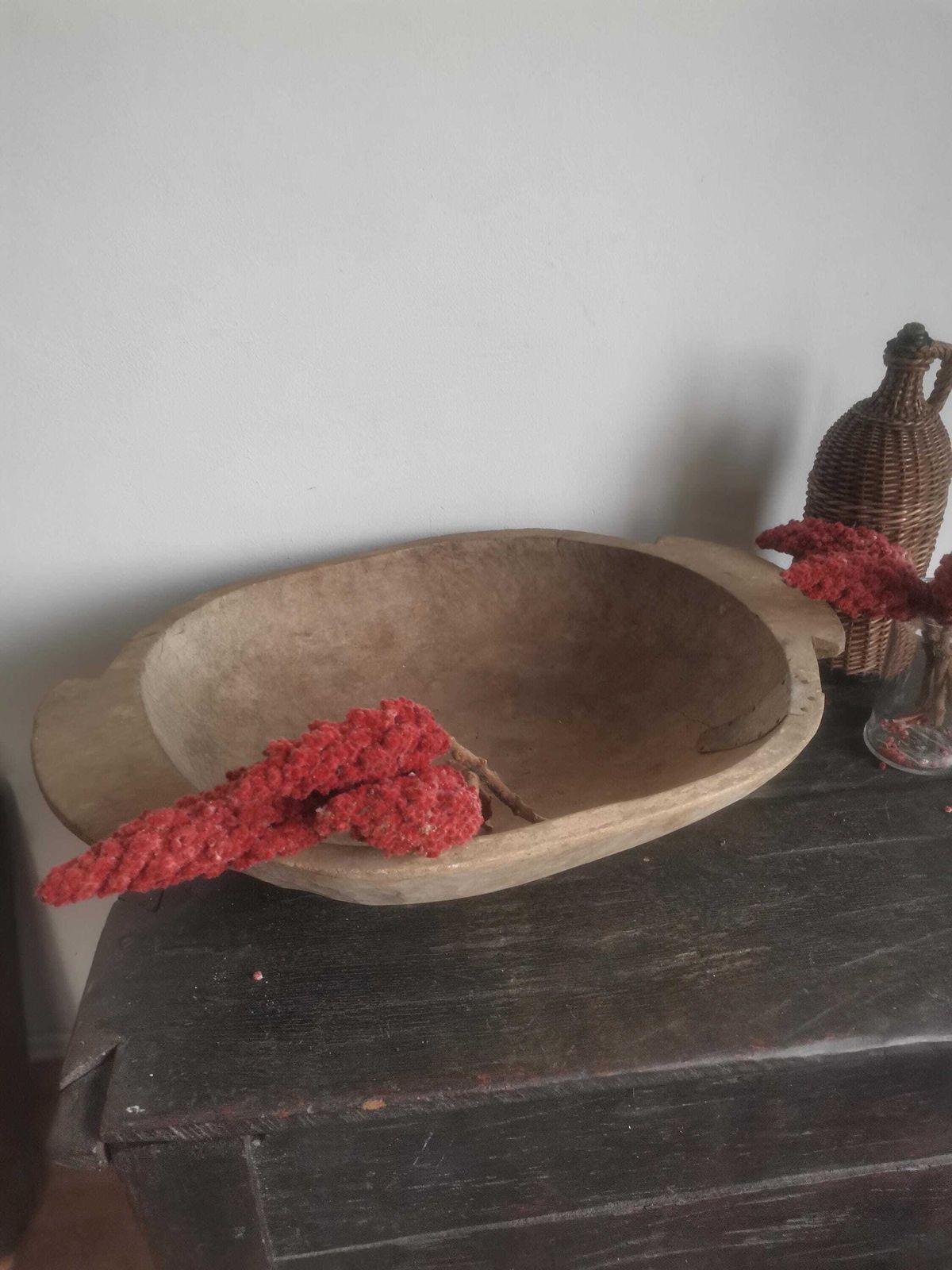 Primitive 1800s Antique Hungarian Wooden Round Dough Bowl. Farmhouse Decor, Primitive Baking Equipment, Solid Elm Wood With Nice Patina photo furniture