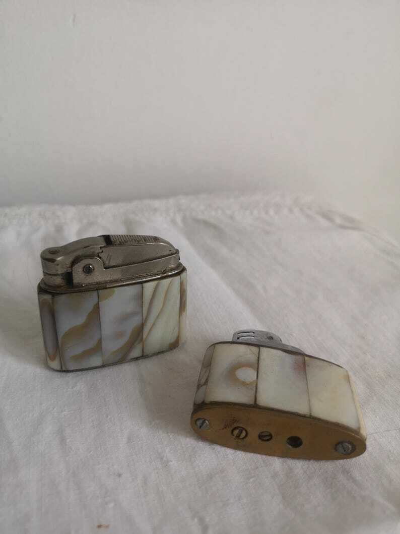 Retro Set Of 2 Oil Lighters C 1960 Mother Of Pearl Casing, Complete And Functional. Beautiful Brass With Quality Fittings A Collectors Item